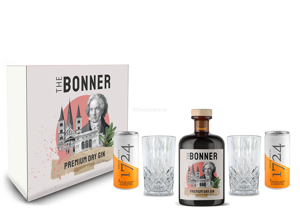 The Bonner Schuber Geschenkset - The Bonner Gin 0,5L (41% Vol) + 2x Longdrink Glas in Kristall Optik + 2x 1724 Tonic Water Dose 200ml inkl. Pfand EINWEG - [Enthält Sulfite]