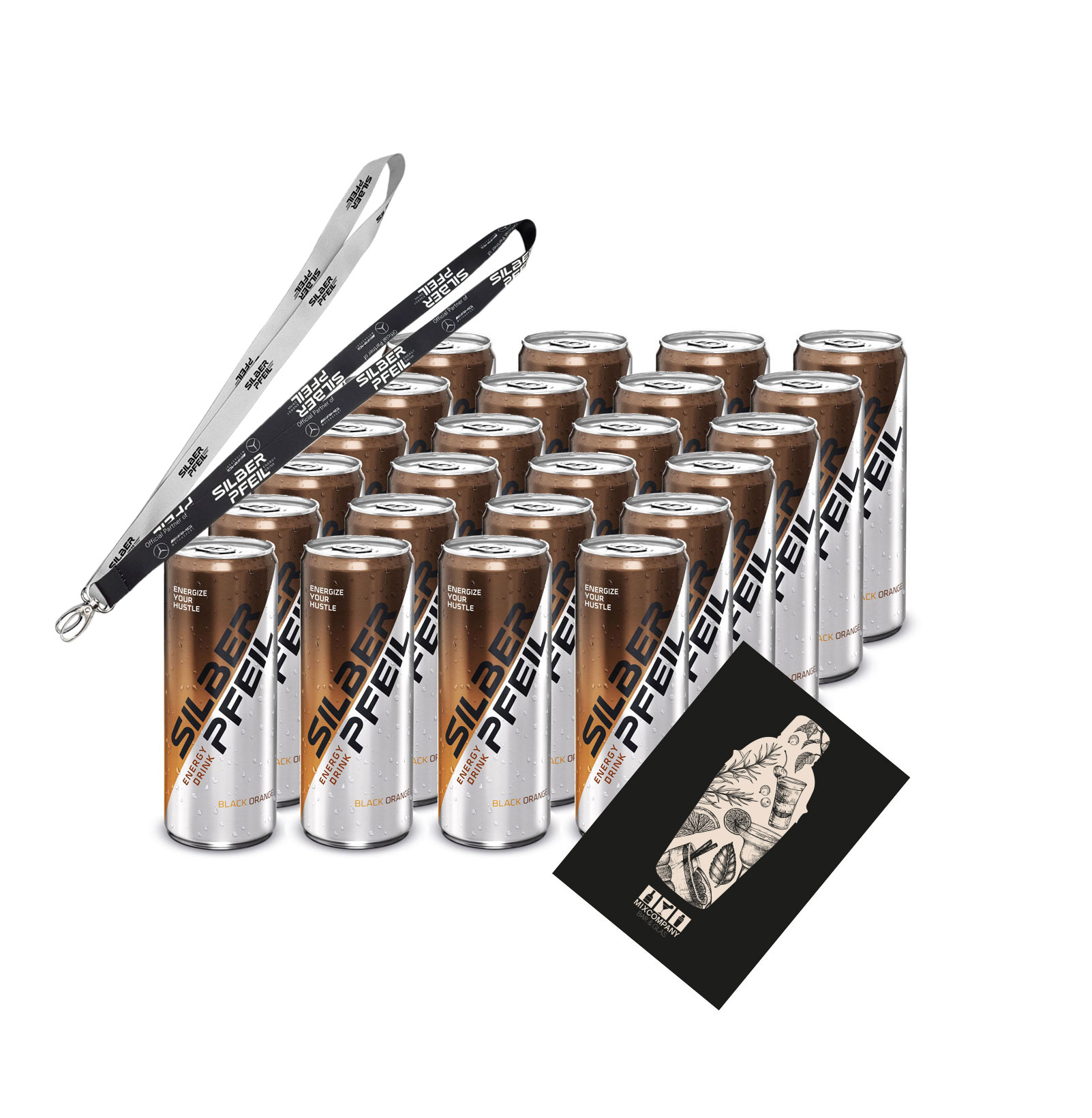 Silberpfeil 24er Set Energy Drink Black Orange 24x 0,25L inkl. Pfand EINWEG+ 1x Schlüsselband Lanyard