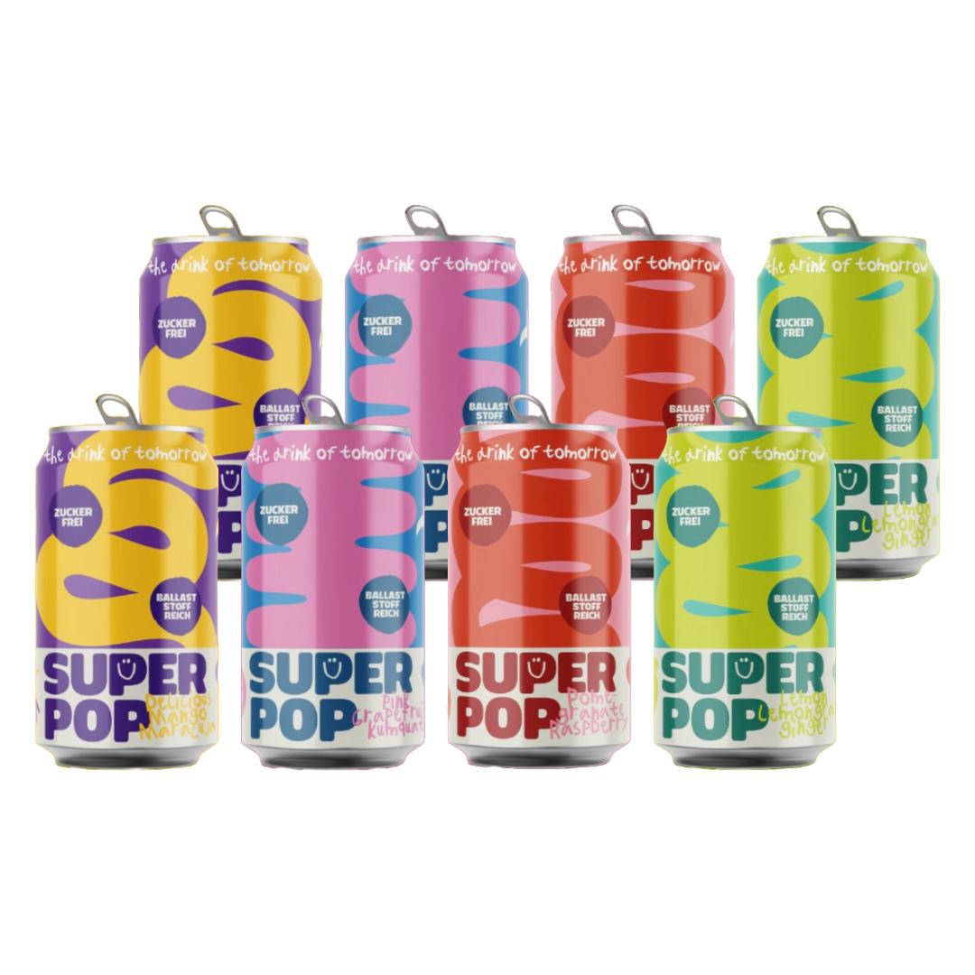 VORVERKAUF - Ab 01.09.2025 lieferbar - Super Pop 8er Tasting Set – Je 2x alle 4 Sorten – von Pamela Reif – Zuckerfreie Ballaststoff-Limo mit Apfelessig – Vegan & kalorienarm, 8 x 330ml
