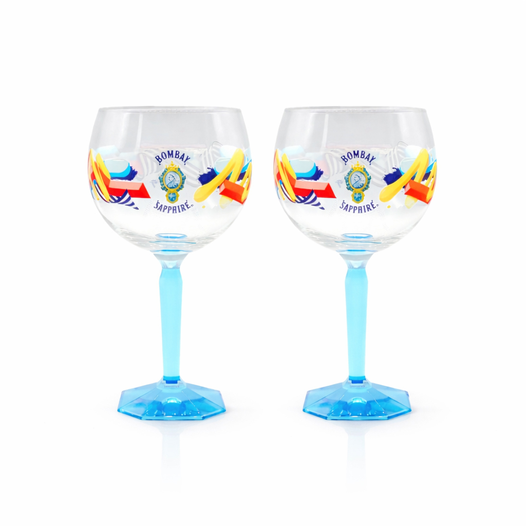 Bombay Sapphire Ballon Gläser 2er Set – Buntes Cocktail Glas mit Muster & eckigem Fuß | Original Gin Tonic Glas