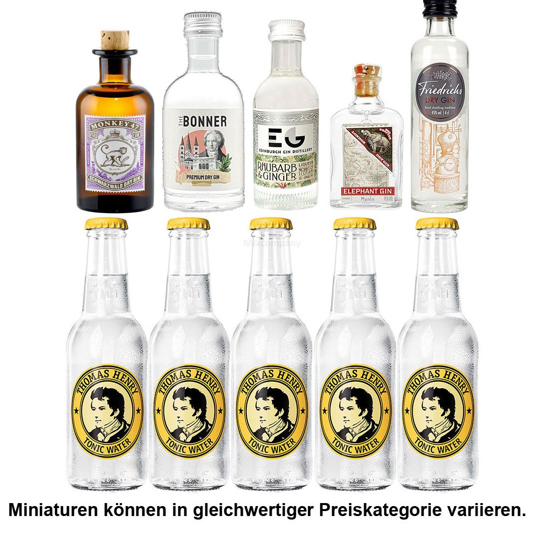 Gin Tonic Probierset - 5x Verschiedene Gin Sorten je 50ml + 5x Thomas Henry Tonic Water 200ml inkl. Pfand MEHRWEG - NEU