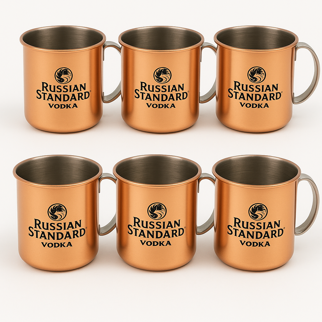 Russian Standard Moscow Mule Kupferbecher 6er Set – Original Edelstahl Tassen im Hammer-Look – Perfekt für Moscow Mule & Cocktails