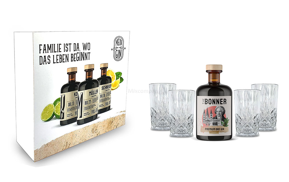 The Bonner Schuber Geschenkset - The Bonner Gin 0,5L (41% Vol) + 4x Longdrink Glas in Kristall Optik - [Enthält Sulfite]