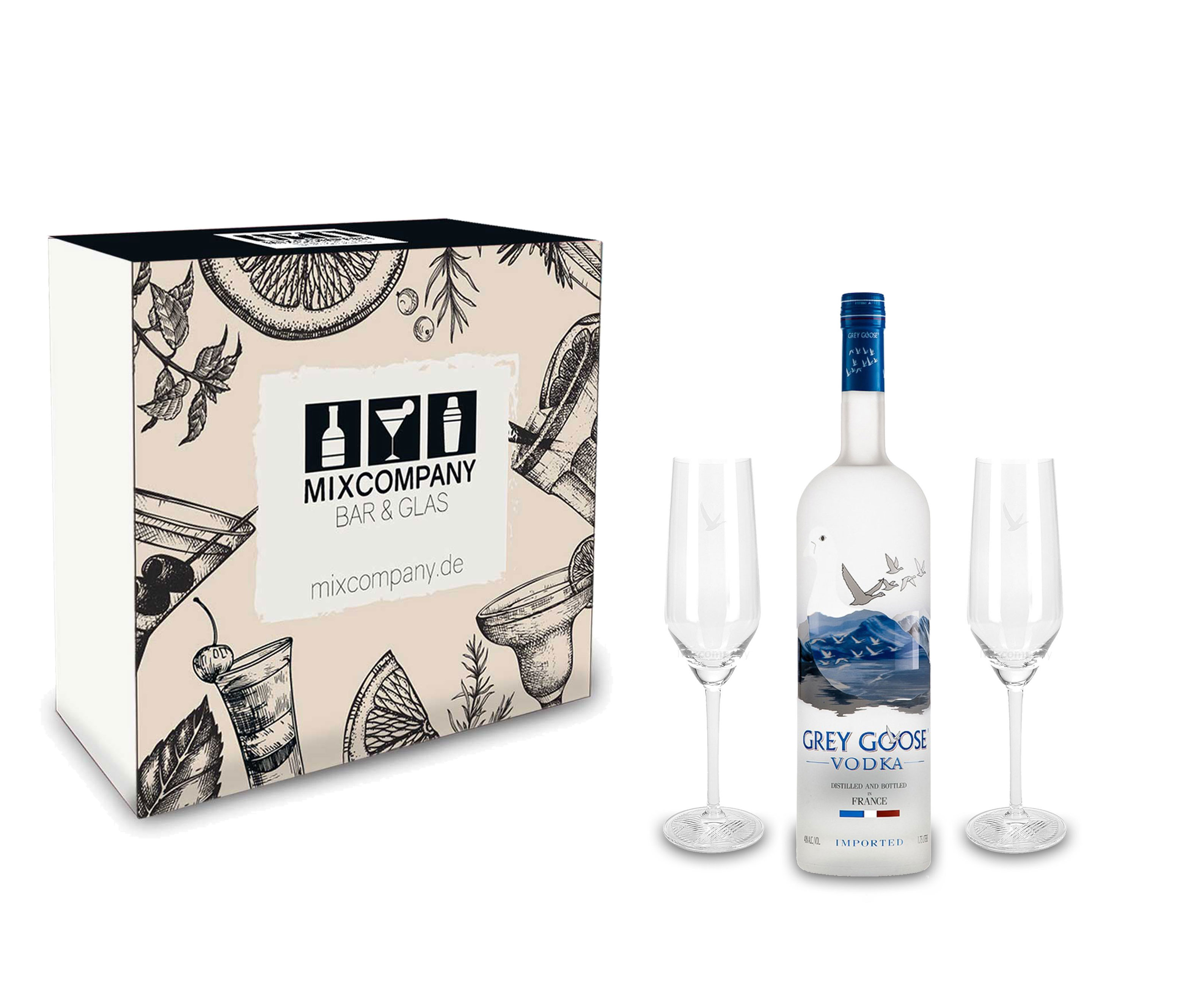 Grey Goose Vodka Geschenk Set - Grey Goose Vodka 0,7l 700ml (40% Vol) + 2 Flöten Gläser (sehr selten)