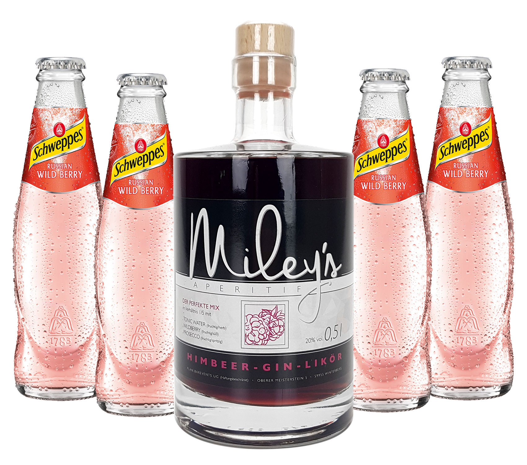 Mileys Himbeer Wild Berry Set - Mileys Himbeer-Gin-Likör 0,5l (20% Vol) + 4x Schweppes Russian Wild Berry 200ml- [Enthält Sulfite] - Inkl. Pfand MEHRWEG