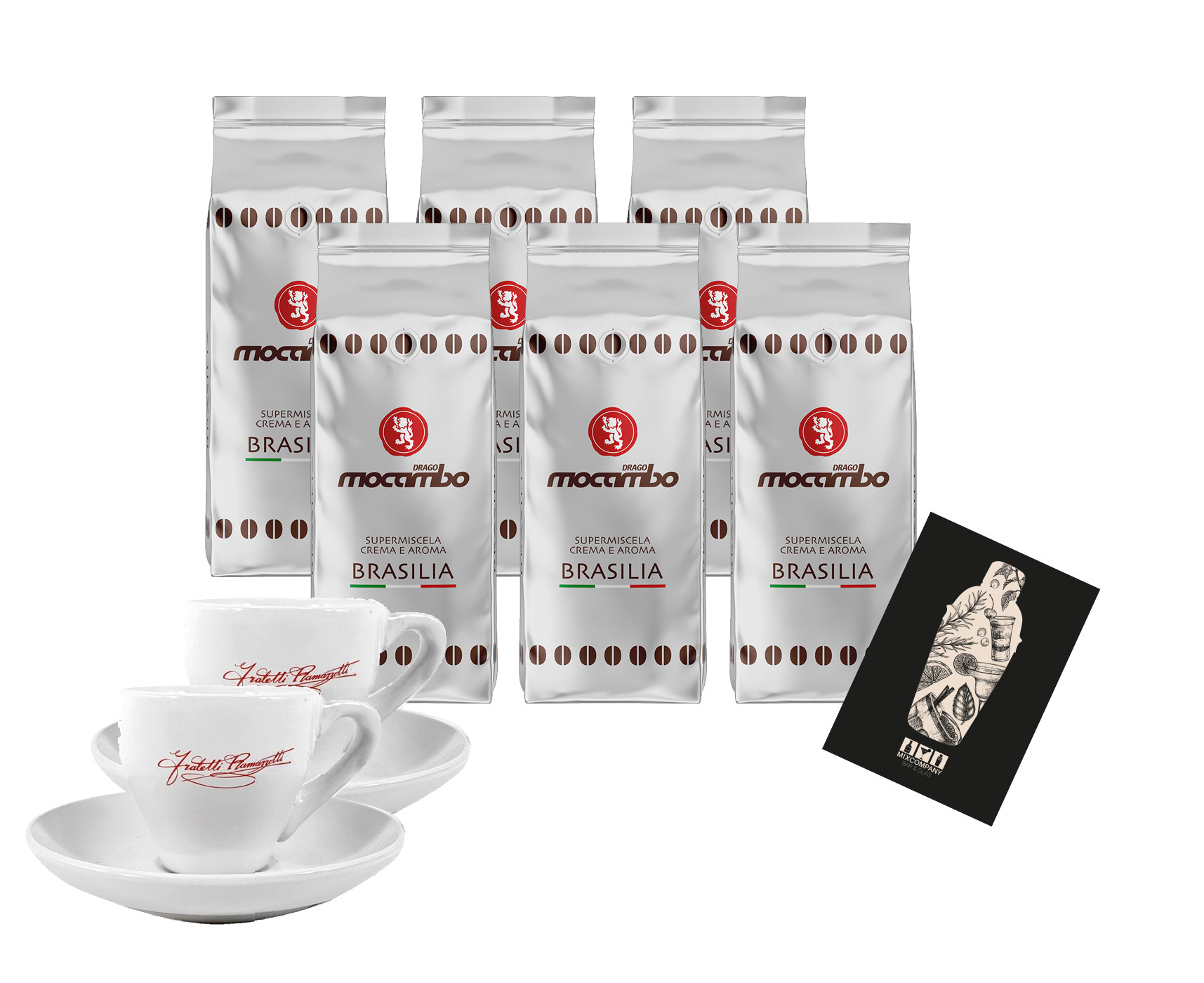 Drago Mocambo Brasilia 6x 1Kg Kaffee Caffé Bohne Dark Roast + 2x Ramazzotti Espresso Tasse Gratis