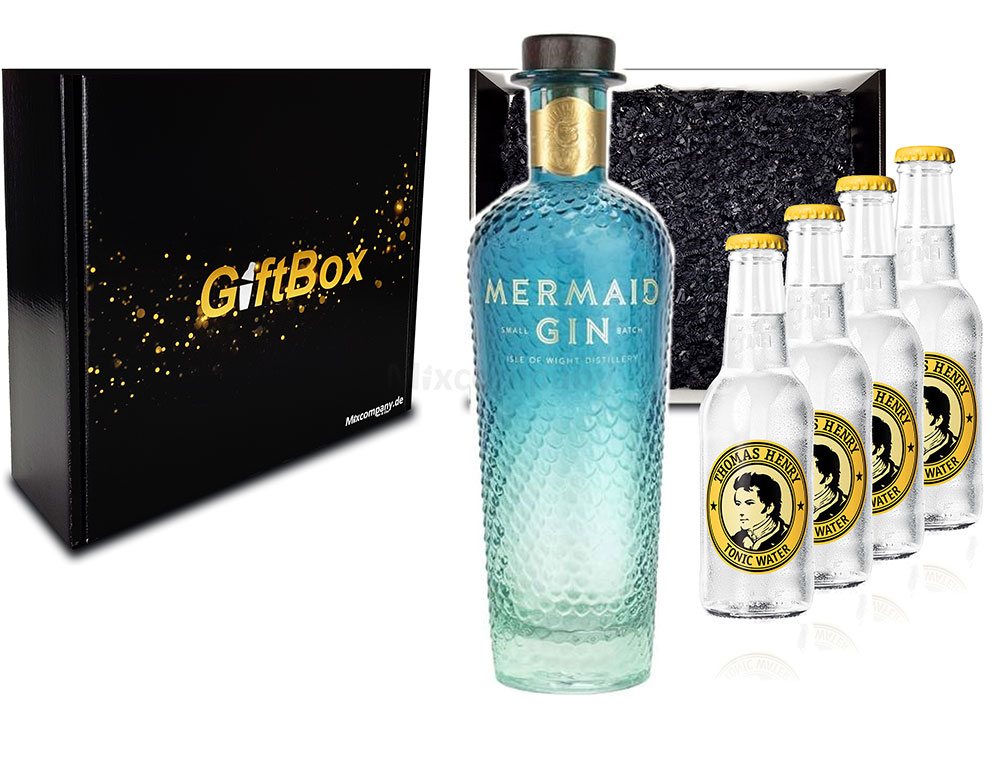 Mixcompany Gin Tonic Giftbox Geschenkset - Mermaid Gin 0,7L 700ml (42% Vol) + 4x Thomas Henry Tonic Water 200ml inkl. Pfand MEHRWEG Gin Tonic Bar- [Enthält Sulfite]