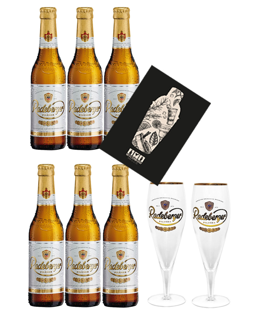 Radeberger Premium Pils 6er Set Bier 0,33l (4,8% Vol) + 2 Gläser mit Mixcompany Grußkarte inkl Pfand MEHRWEG- [Enthält Sulfite]