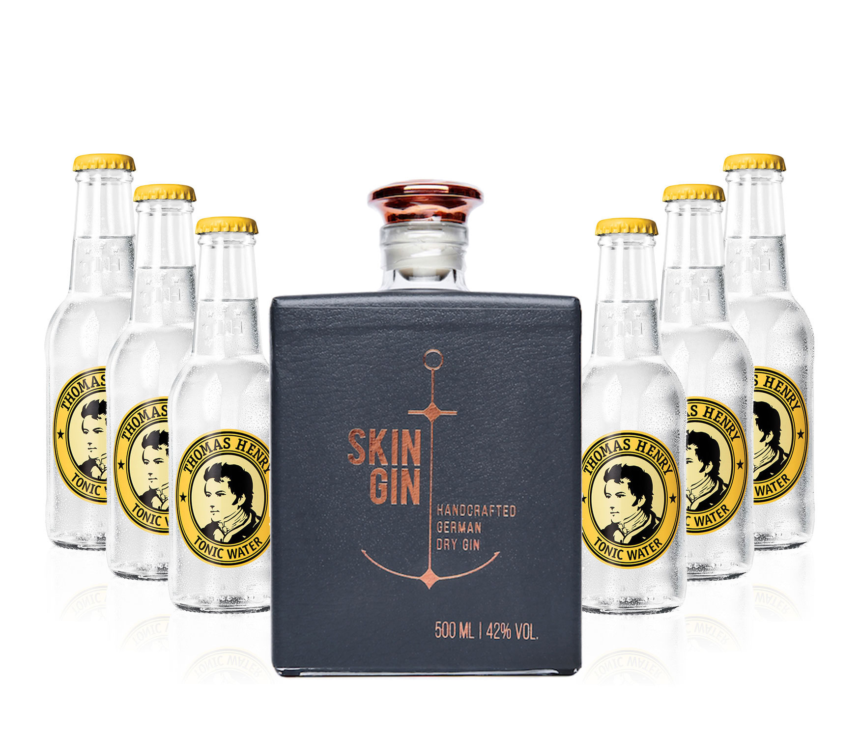 Gin Tonic Set - Skin Gin German Handcrafted Dry Gin 50cl (42% Vol) + 6x Thomas Henry Tonic Water 200ml inkl. Pfand MEHRWEG -[Enthält Sulfite]