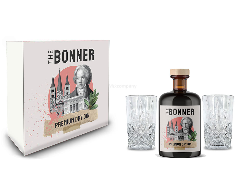 The Bonner Geschenkset - The Bonner Premium Dry Gin 0,5l (41% Vol) + 2x Longdrink Glas in Kristall Optik - [Enthält Sulfite]