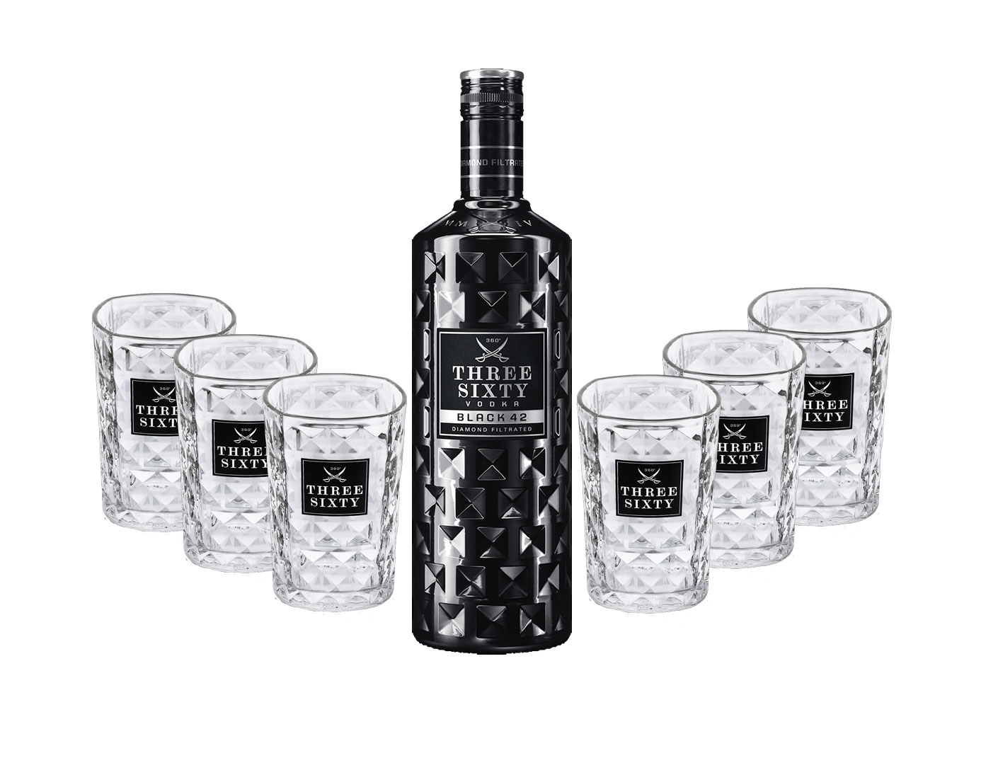 Three Sixty Set Geschenkset - Three Sixty Black Vodka Wodka 0,7L 700ml (42% Vol) + 6x Tumbler 0,2l 200ml Facettenschliff Glas- [Enthält Sulfite]