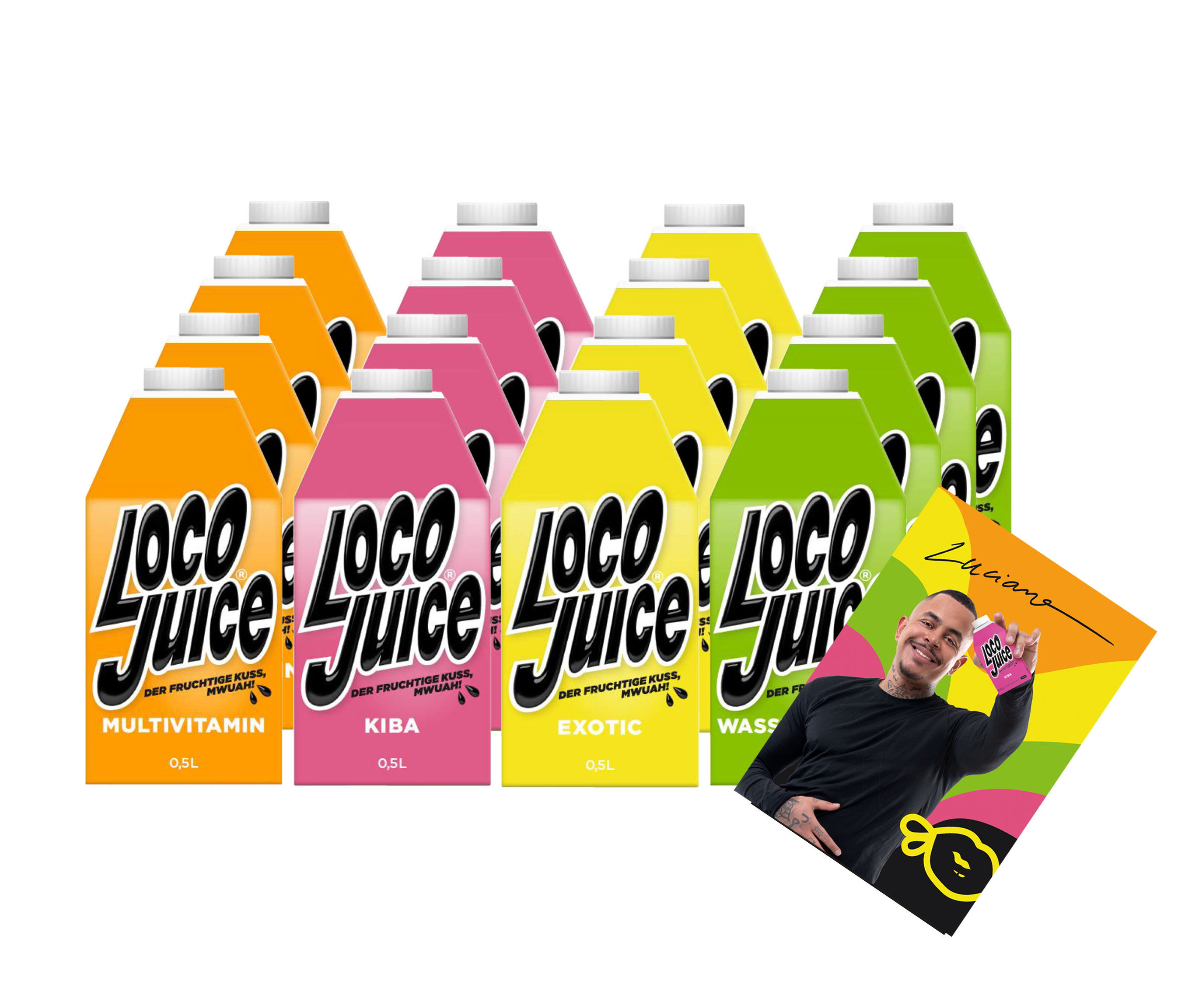 Loco Juice 16er tasting Set 4x pro Sorte Kiba + Exotic + Wassermelone Minze + Multivitamin je 0,5L von Luciano der Fruchtige Mwuah  + digitalisierte Autogrammkarte