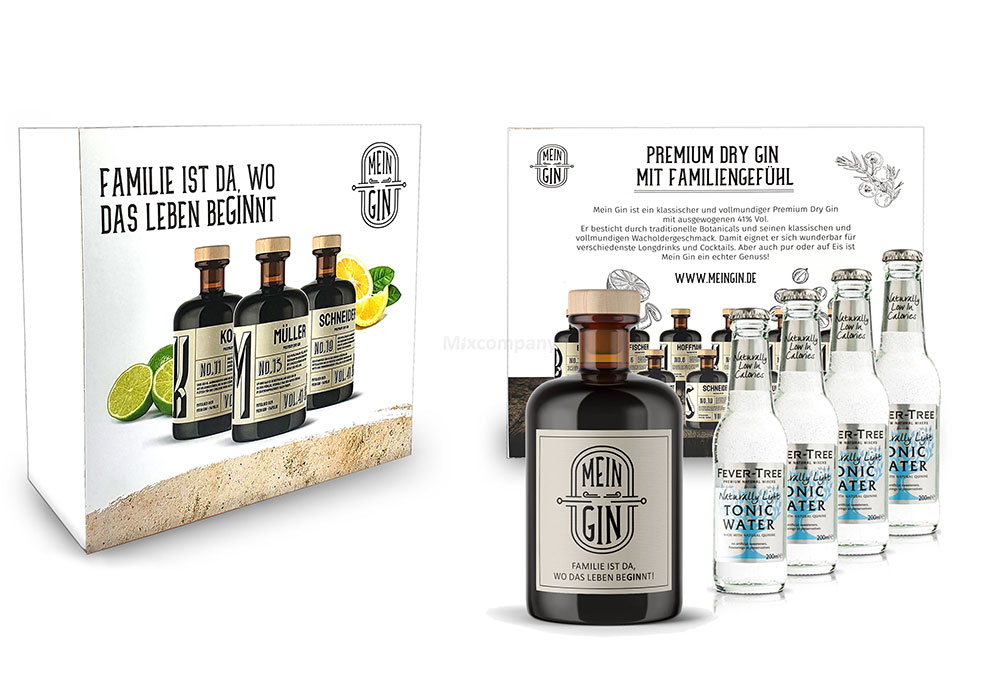 Mein Gin + Tonic Giftbox Geschenkset - Premium Dry Gin 0,5l (41% Vol) + 4x Fever-Tree Naturally Light Tonic Water 200ml inkl. Pfand MEHRWEG - [Enthält Sulfite]