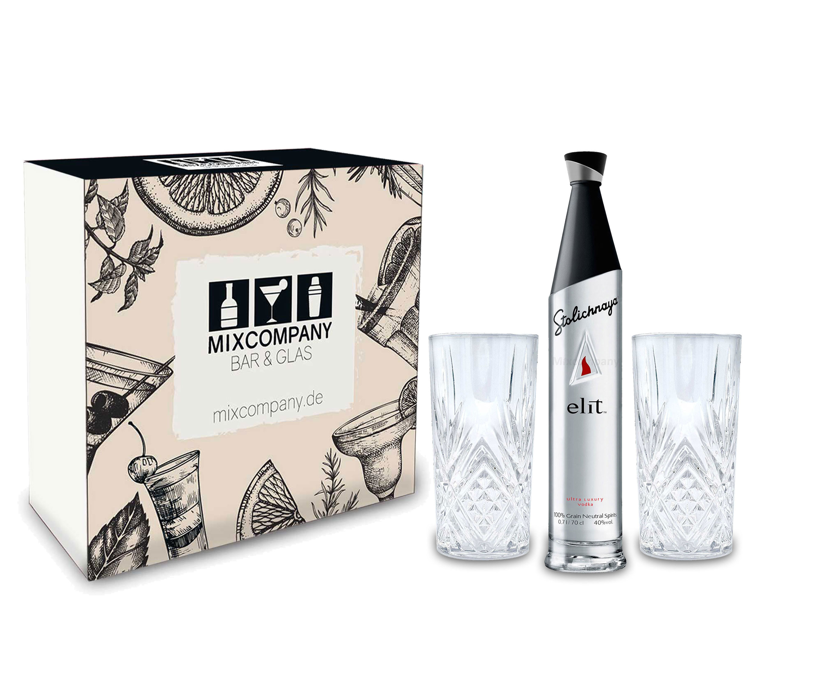 Stolichnaya Set / Geschenkset - Stolichnaya elit Vodka 0,7l 700ml (40% Vol) + 2x Longdrink Gläser