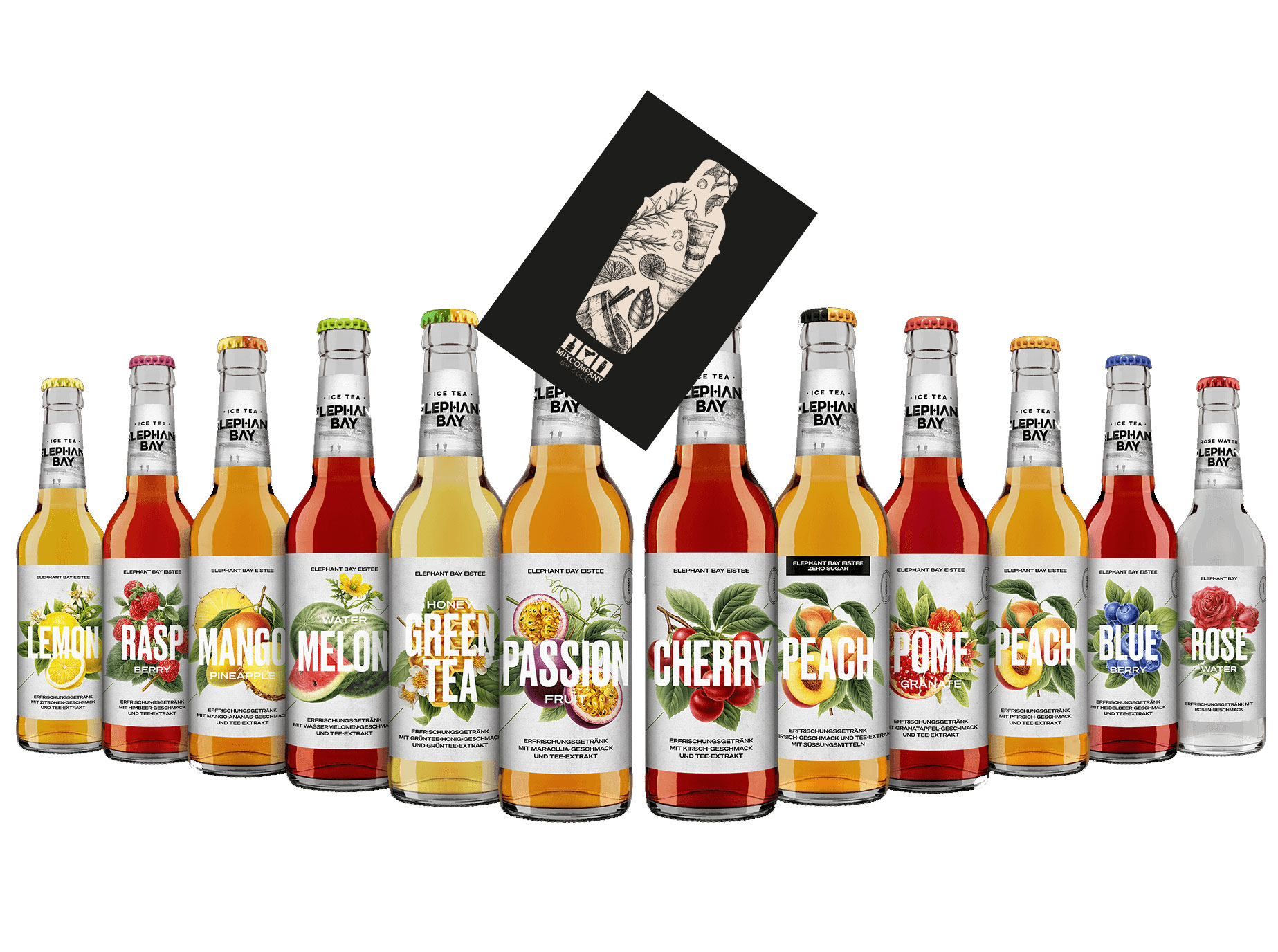 Elephant Bay Ice Tea tasting Set 12 verschiedene Sorten je 330ml inkl. Pfand - MEHRWEG Cherry + Melon + Rose Water + Blueberry + Raspberry + Peach zero + Pomegranate + Lemon + Mango + Peach + Green Tea Honey + Passionfru