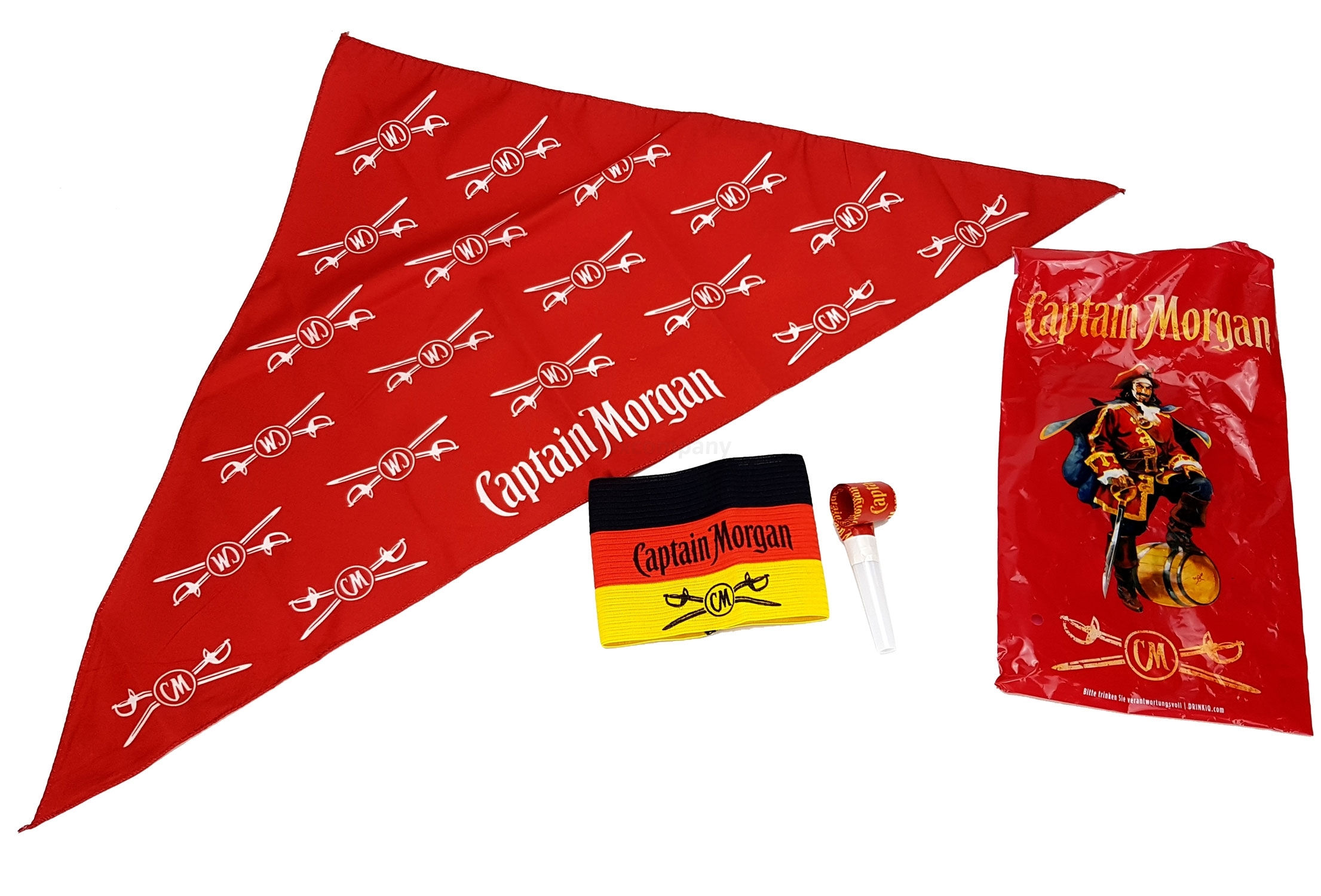 Captain Morgan Fan Set - Bandana + Tüte + Kapitänsband Armband Schweißband in schwarz,rot,gold