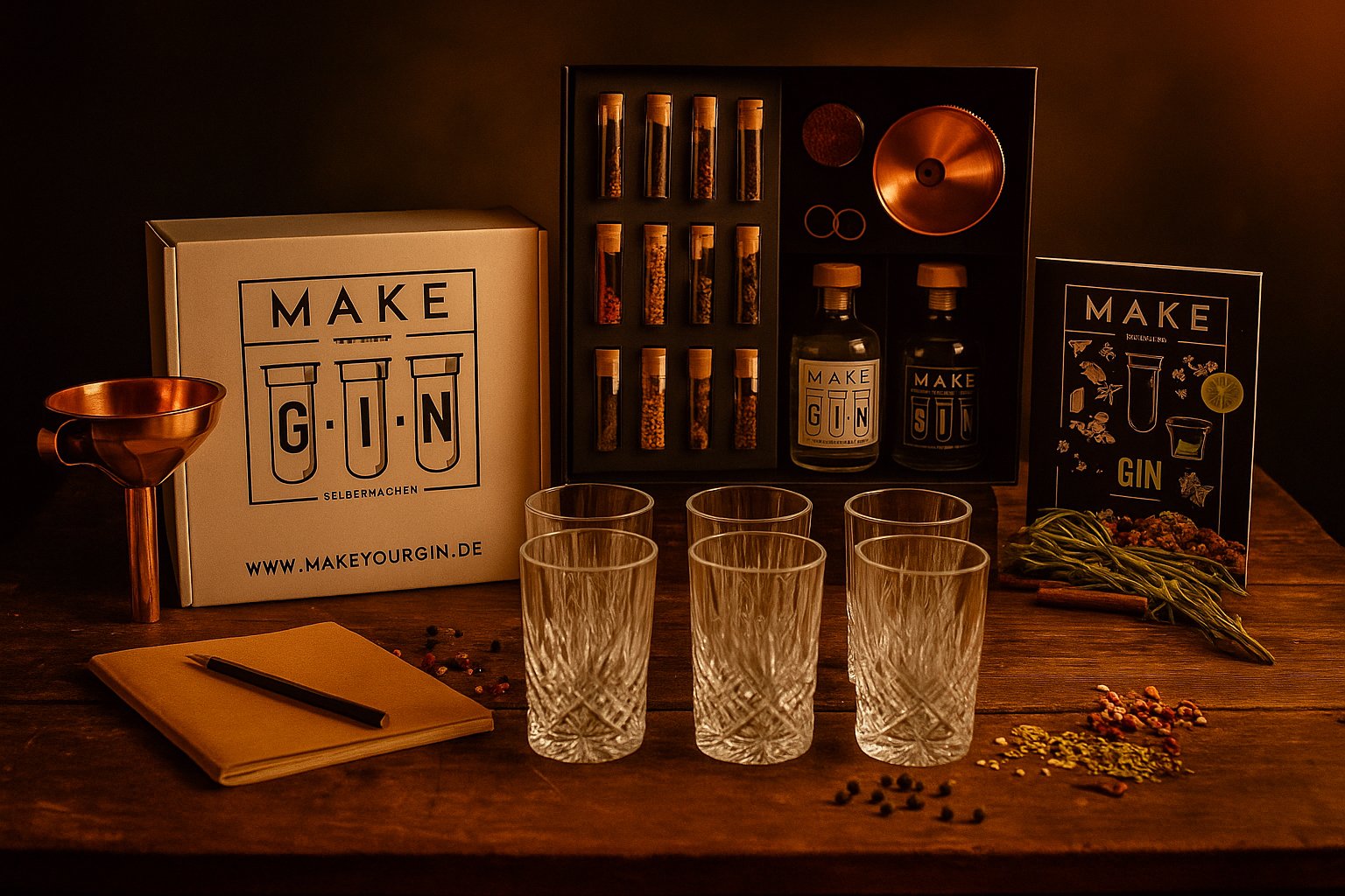 Make Your Gin Geschenkset Weiß – Gin zum Selbermachen mit 11 Botanicals, Bar-Zubehör & 6 Longdrinkgläsern in Kristall-Optik