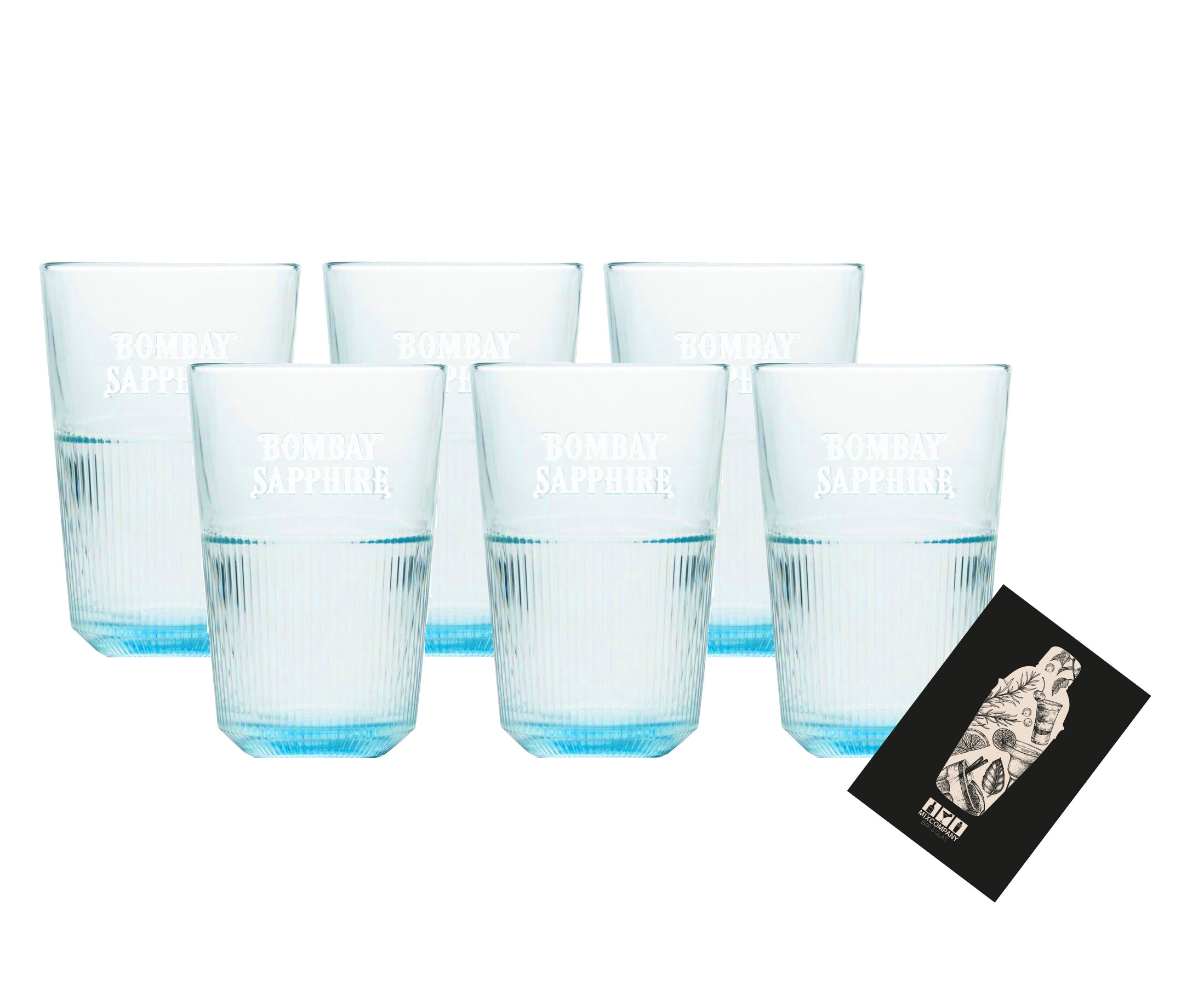 6x Bombay Sapphire Gin 0,35 l Longdrink Glas 6er Set Gläser in blau mit Relief + Mixcompany Postkarte