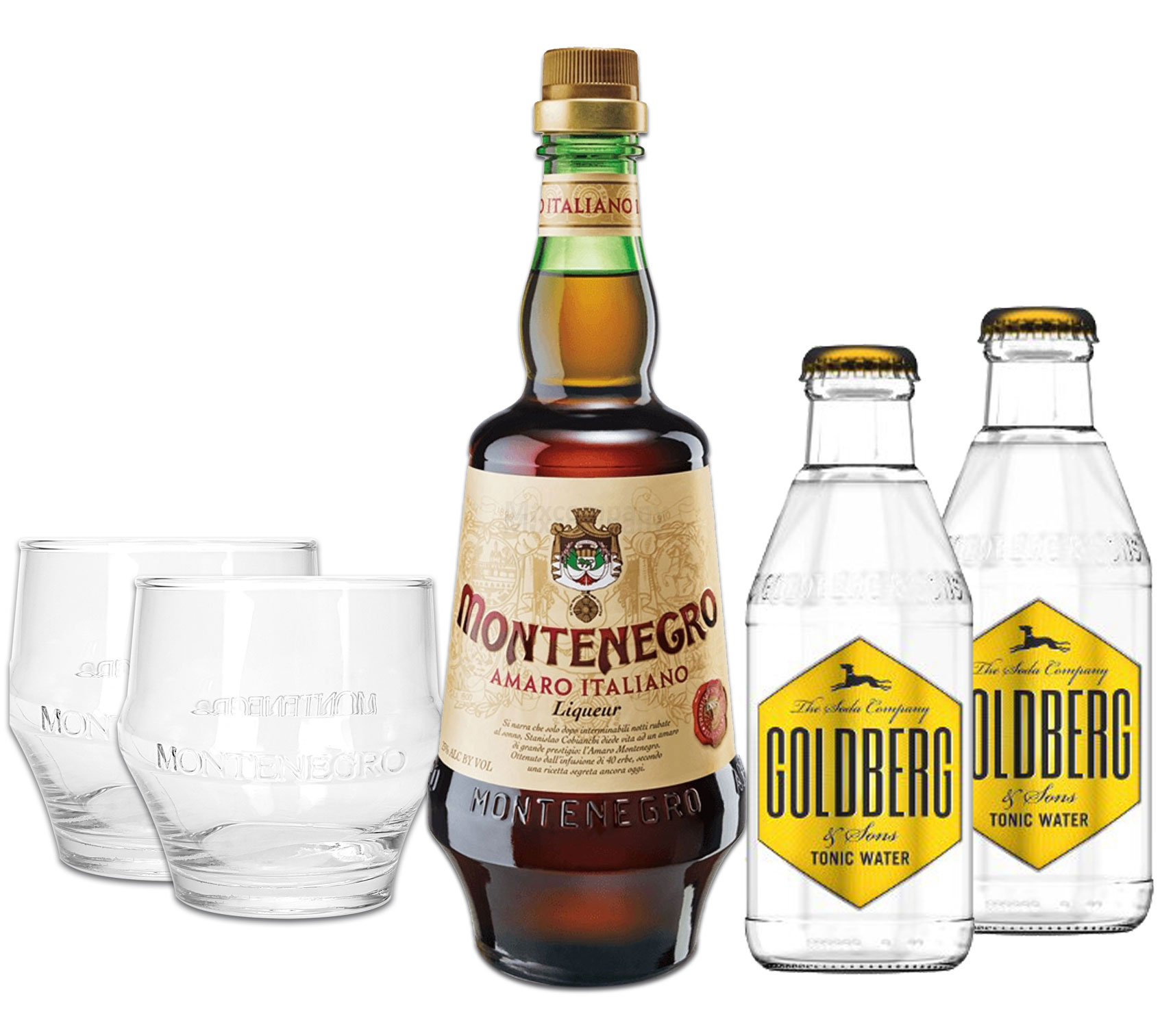Montenegro & Tonic Set - Montenegro Amaro Italiano Likör 0,7L (23% Vol) + 2x Goldberg Tonic Water 200ml inkl. Pfand MEHRWEG + 2x Gläser Tumbler Glas