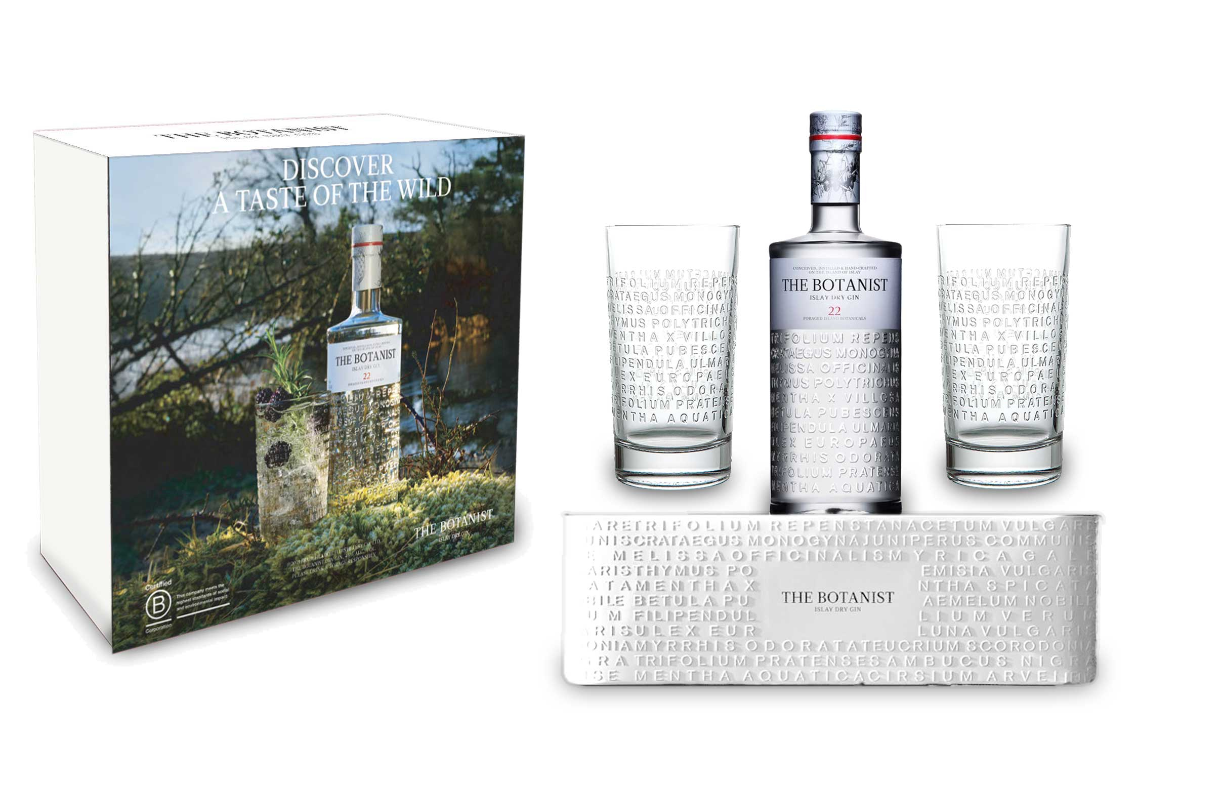 Botanist Gin Geschenkset - The Botanist Islay Dry Gin 0,7l (46% Vol) + 2x Longdrinkgläser + Blumentopf / Pflanzkübel aus Metall mit Logo