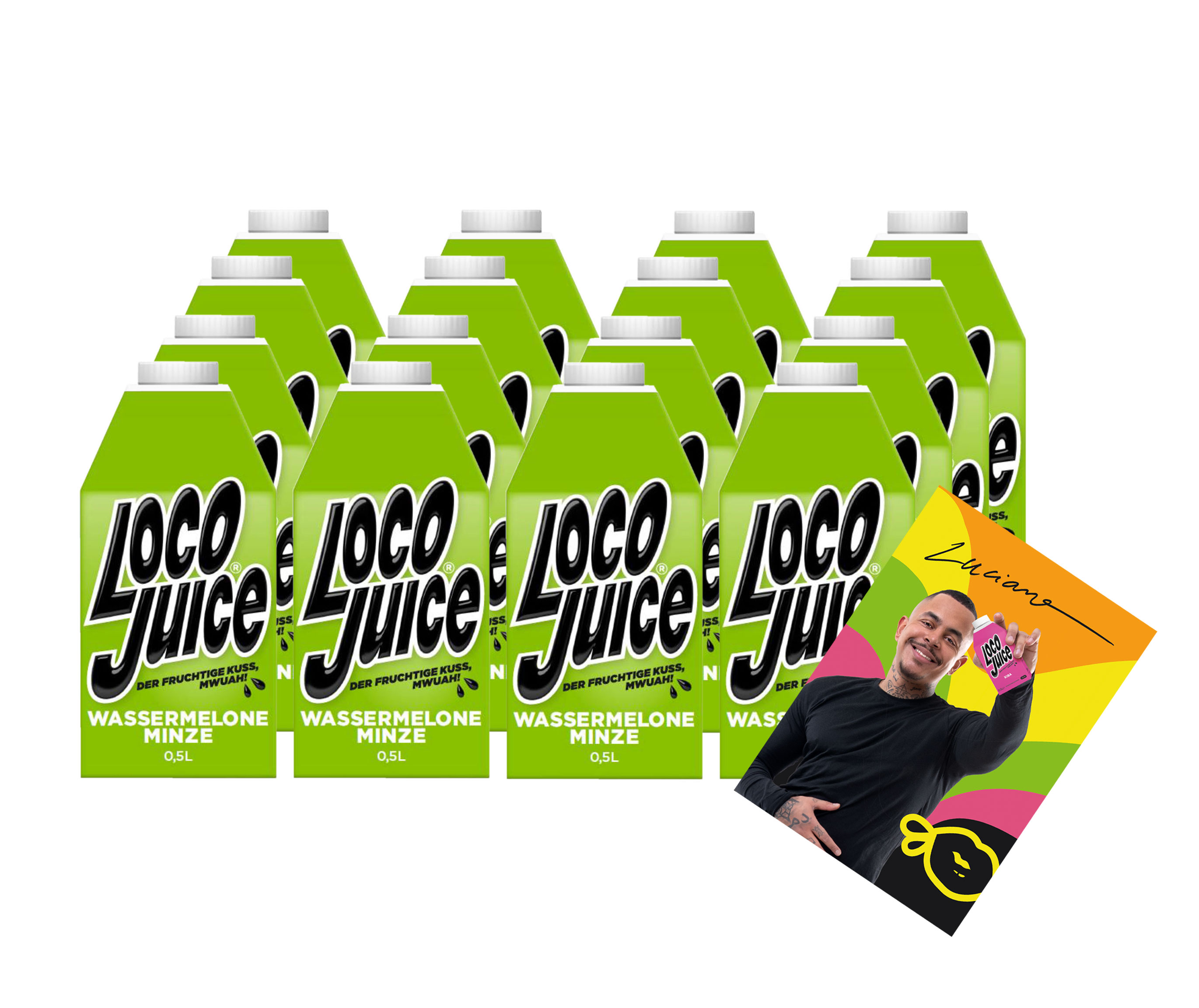 Loco Juice 16er Set Wassermelone Minze 16x 0,5L von Luciano der Fruchtige Mwuah Watermelon Mint + digitalisierte Autogrammkarte