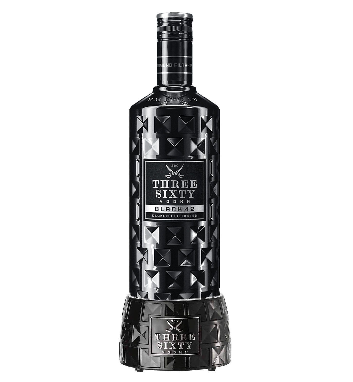 Three Sixty Black 0,7L (42% Vol) + Vodka Beleuchtung Flaschenbeleuchtung Display Glas Glorifier mit LED - [Enthält Sulfite]
