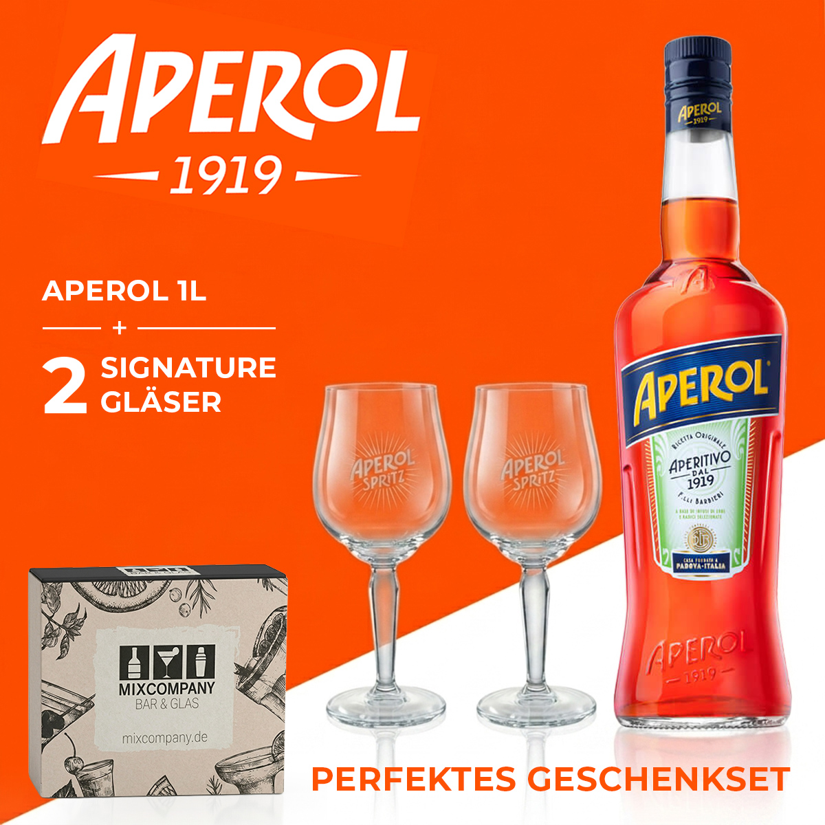 Aperol Geschenkset mit 1 Liter Flasche und 2 Gläsern