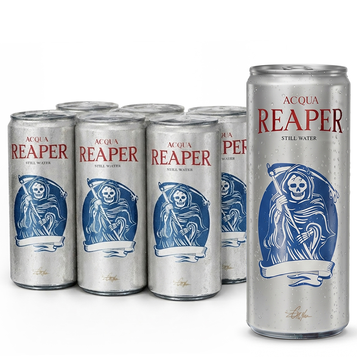 Ein 6er Pack Acqua Reaper Dosen mit stillem Wasser, präsentiert mit einer Dose im Vordergrund auf weißem Hintergrund. Dieses Erfrischungsgetränk ist ideal als Trinkwasser Vorrat oder für die tägliche Wasserbalance.