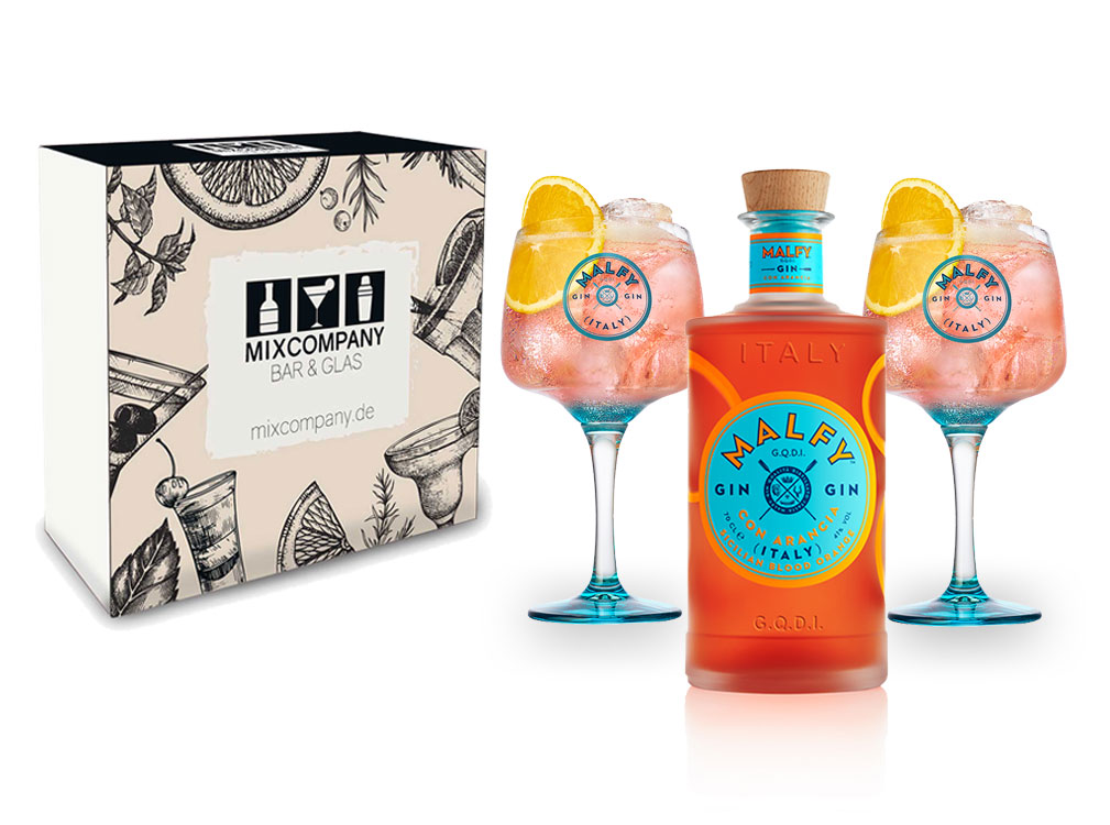 Malfy Gin Giftbox Set - Malfy Gin con Arancia (Blutorange) 0,7l - 700ml (41% VOL) + 2 Malfy Gin Ballon Gläser / Glas in Geschenkverpackung - [Enthält Sulfite]