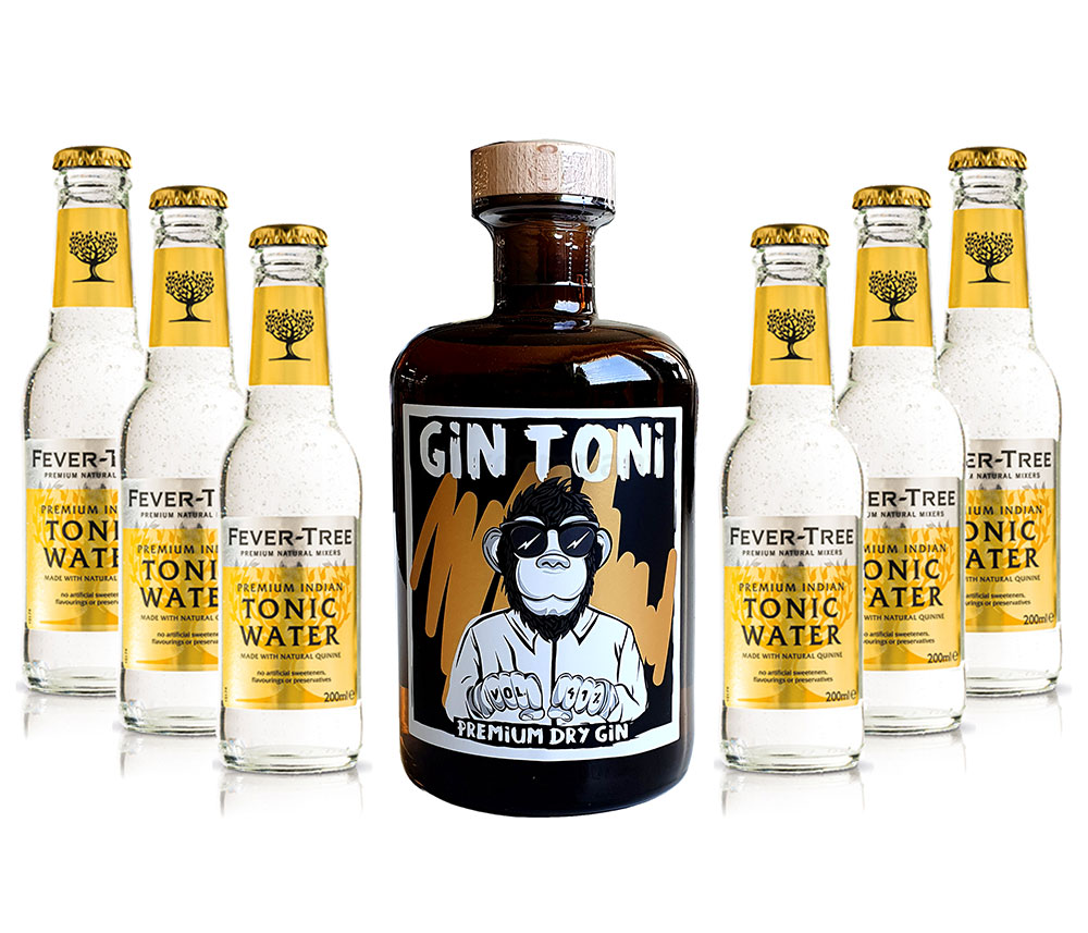 Gin Tonic Set - Gin Toni Premium Dry Gin 0,5l (41% Vol) + 6x Fever-Tree Indian Tonic Water 200ml inkl. Pfand MEHRWEG -[Enthält Sulfite]