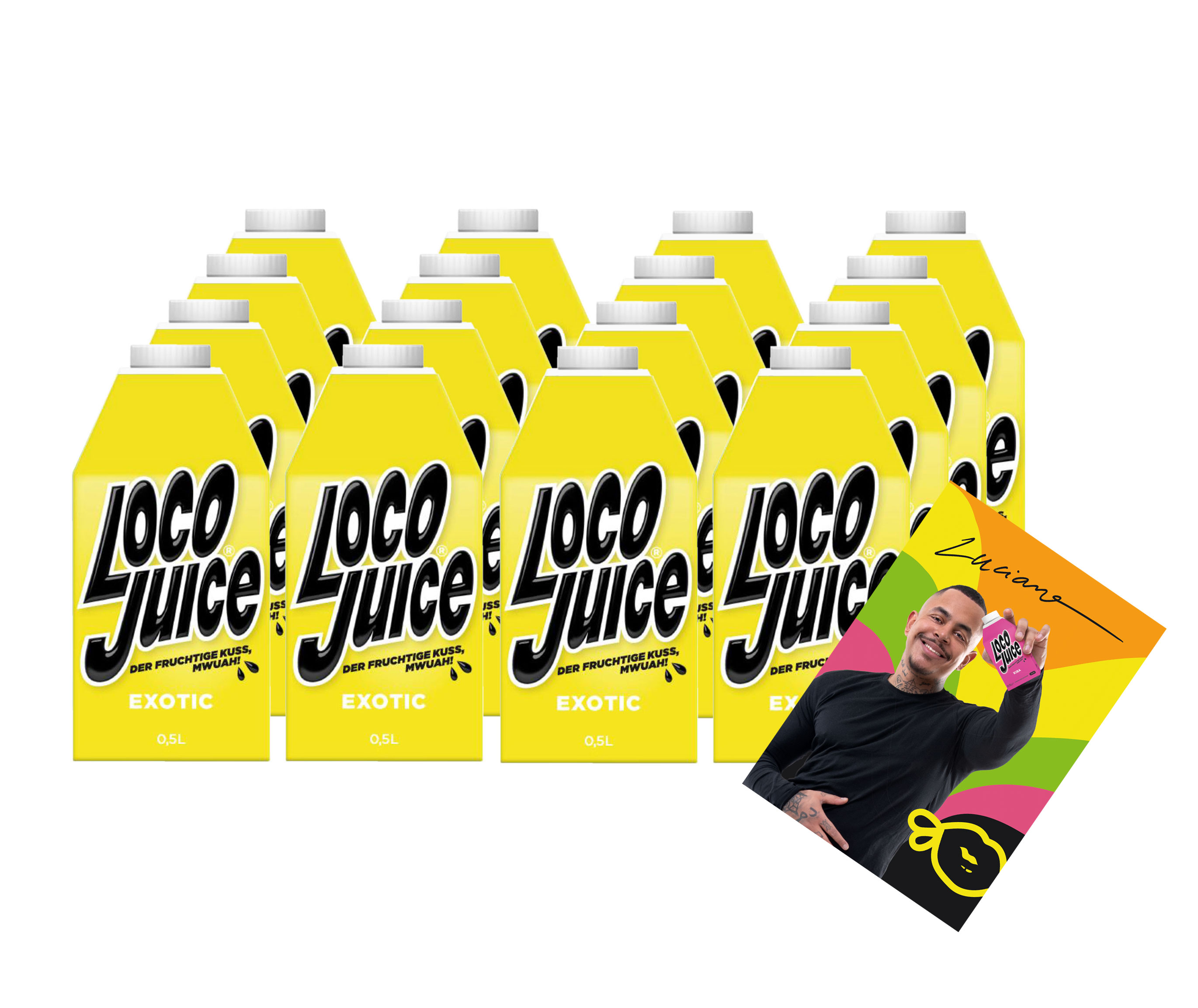 Loco Juice 16er Set Exotic 16x 0,5L von Luciano der Fruchtige Mwuah + digitalisierte Autogrammkarte