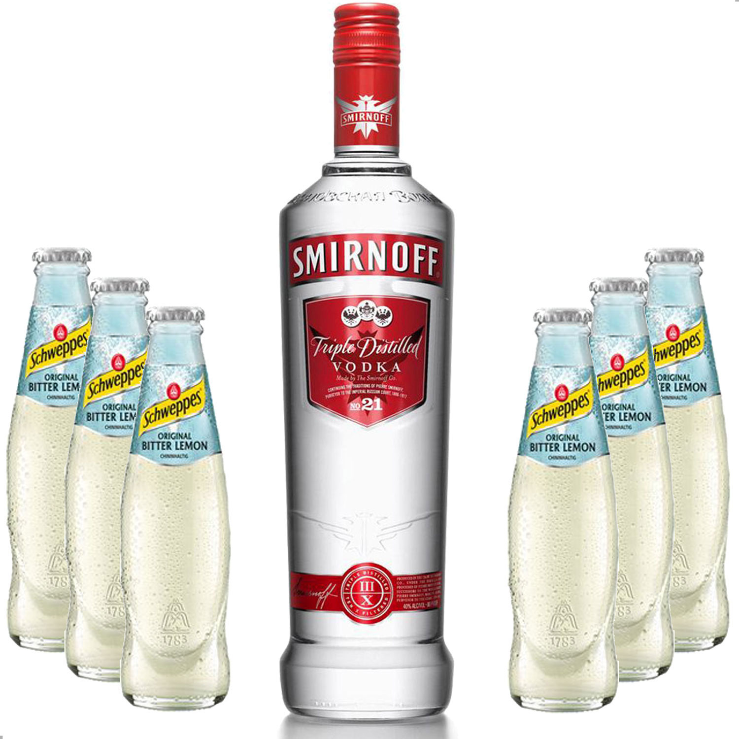 Vodka Lemon Set - Smirnoff Vodka 0,7l 700ml (37,5% Vol) + 6x Schweppes Bitter Lemon 200ml - Inkl. Pfand MEHRWEG