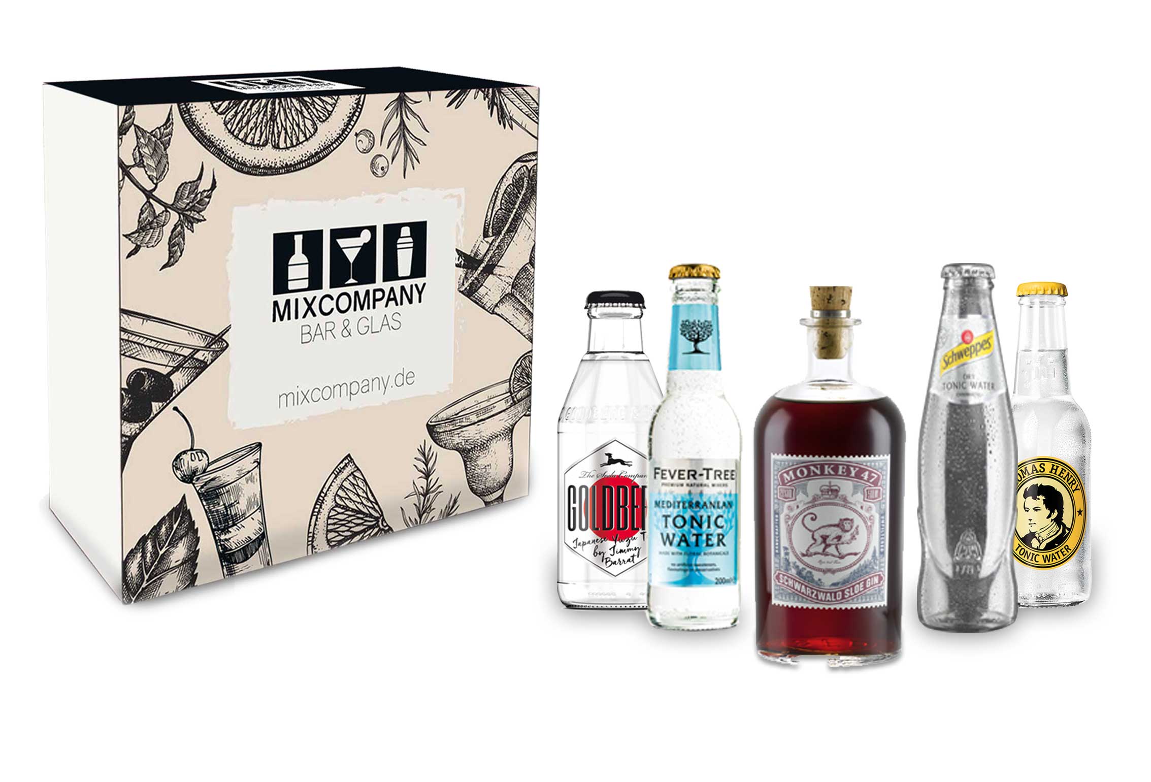 Monkey 47 Geschenkset - Schwarzwald Sloe Gin 0,5l (29% Vol) + Goldberg Yuzu Fever Tree Mediterranean Schweppes Dry Thomas Henry Tonic je 200ml inkl. Pfand MEHRWEG- [Enthält Sulfite]