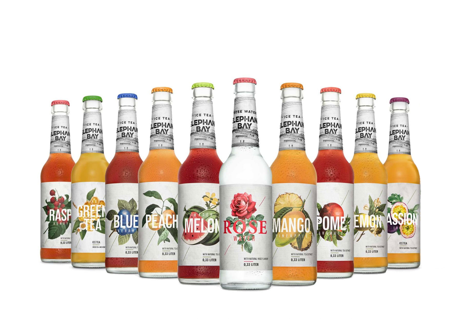 Elephant Bay Ice Tea tasting Set 11 verschiedene Sorten je 330ml inkl. Pfand - MEHRWEG Melon + Rose Water + Blueberry + Raspberry + Peach zero + Pomegranate + Lemon + Mango +  Peach + Green Tea Honey + Passionfruit