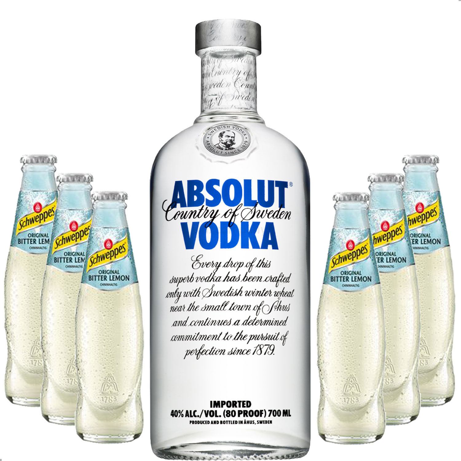 Vodka Lemon Set - Absolut Vodka 0,7l 700ml (40% Vol) + 6x Schweppes Bitter Lemon 200ml - Inkl. Pfand MEHRWEG