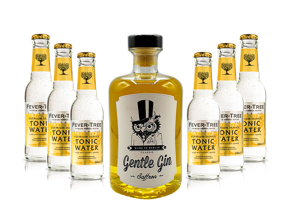 Gin Tonic Set - Gentle Gin Saffron 0,5l (40% Vol) + 6x Fever-Tree Indian Tonic Water 200ml inkl. Pfand MEHRWEG -[Enthält Sulfite]