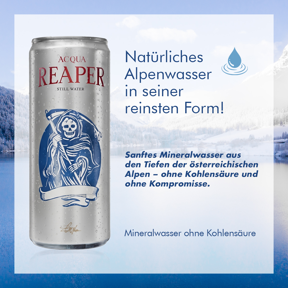 Eine silberne Dose Alpenwasser der Marke Acqua Reaper, platziert vor einer verschneiten Berg- und Seenlandschaft. Mineralwasser ohne Kohlensäure in seiner reinsten Form.