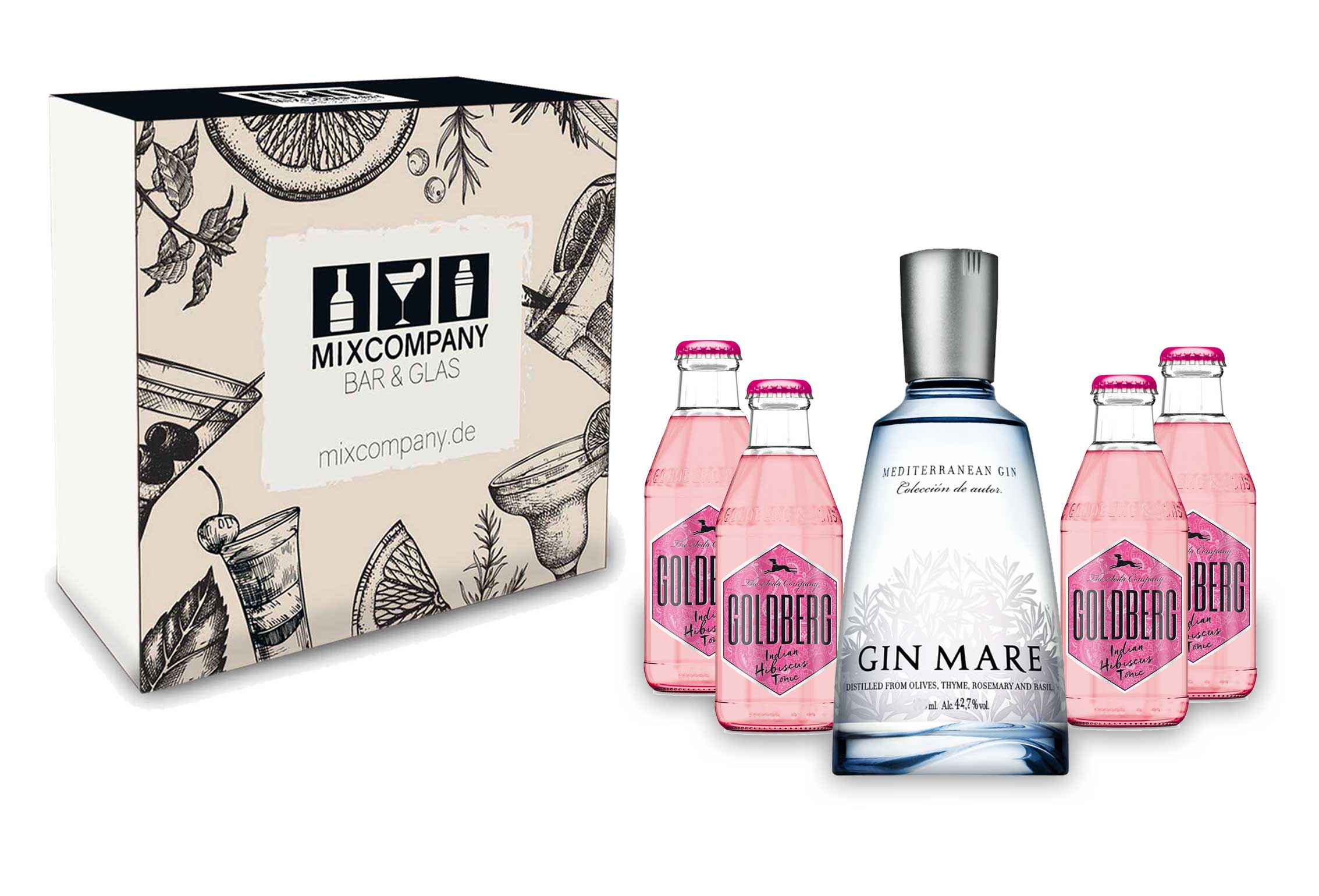 Gin Tonic Set Giftbox Geschenkset - Gin Mare Mediterranean Gin 0,5l (42,7% Vol) + 4x Goldberg Indian Hibiscus Tonic 200ml inkl. Pfand MEHRWEG -[Enthält Sulfite]