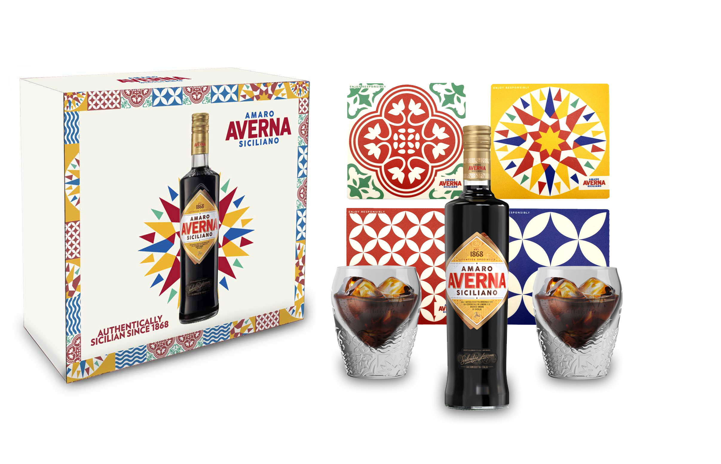 Averna Geschenkset - Averna Amaro Siciliano 0,7L (29% Vol) + 4x Untersetzer + Giftbox - [Enthält Sulfite] 2x Averna Gläser 