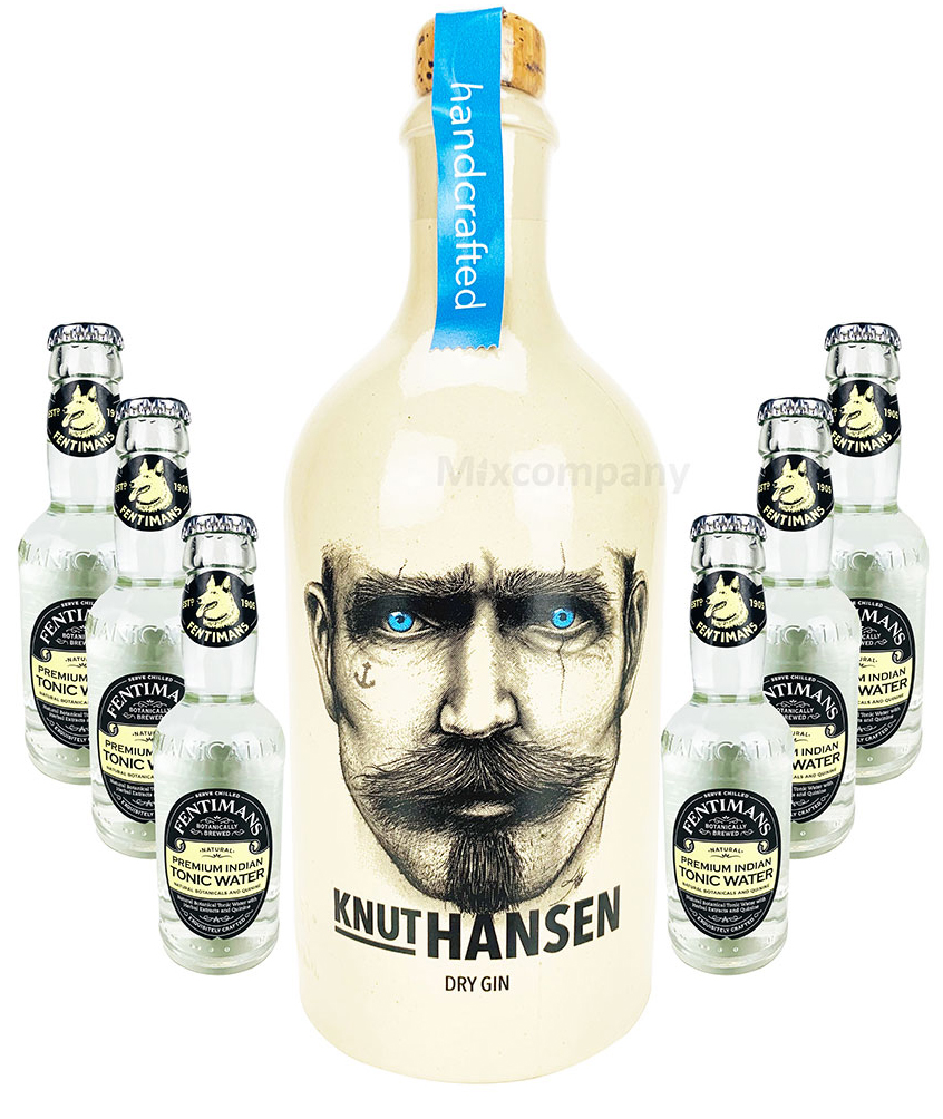 Knut Hansen Hamburg Dry Gin 0,5l ( 42% Vol)+ 6 x Fentimans Premium Indian Tonic Water 0,2l MEHRWEG Bar Longdrink Cocktail Sammlung Gin Tonic inkl. PFAND- [Enthält Sulfite]