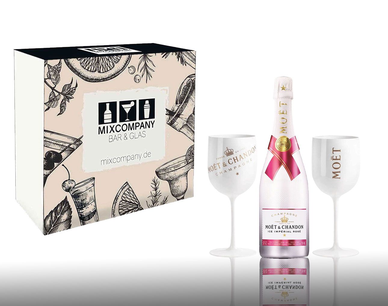 Moet Geschenkset - Moet & Chandon Ice Imperial Rose 0,75l (12% Vol) + 2er Set Acryl Becher in weiß/gold Champagne Becher Kelche -[Enthält Sulfite]