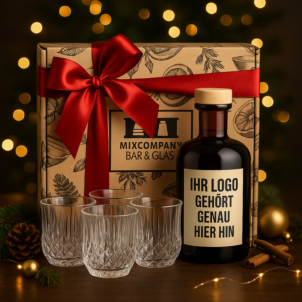 Individuelles Firmen-Geschenkset – Personalisierter Gin 0,5 L (41% Vol.) & 4 Kristall Tumbler in Premium Mixcompany Geschenkbox- [Enthält Sulfite]