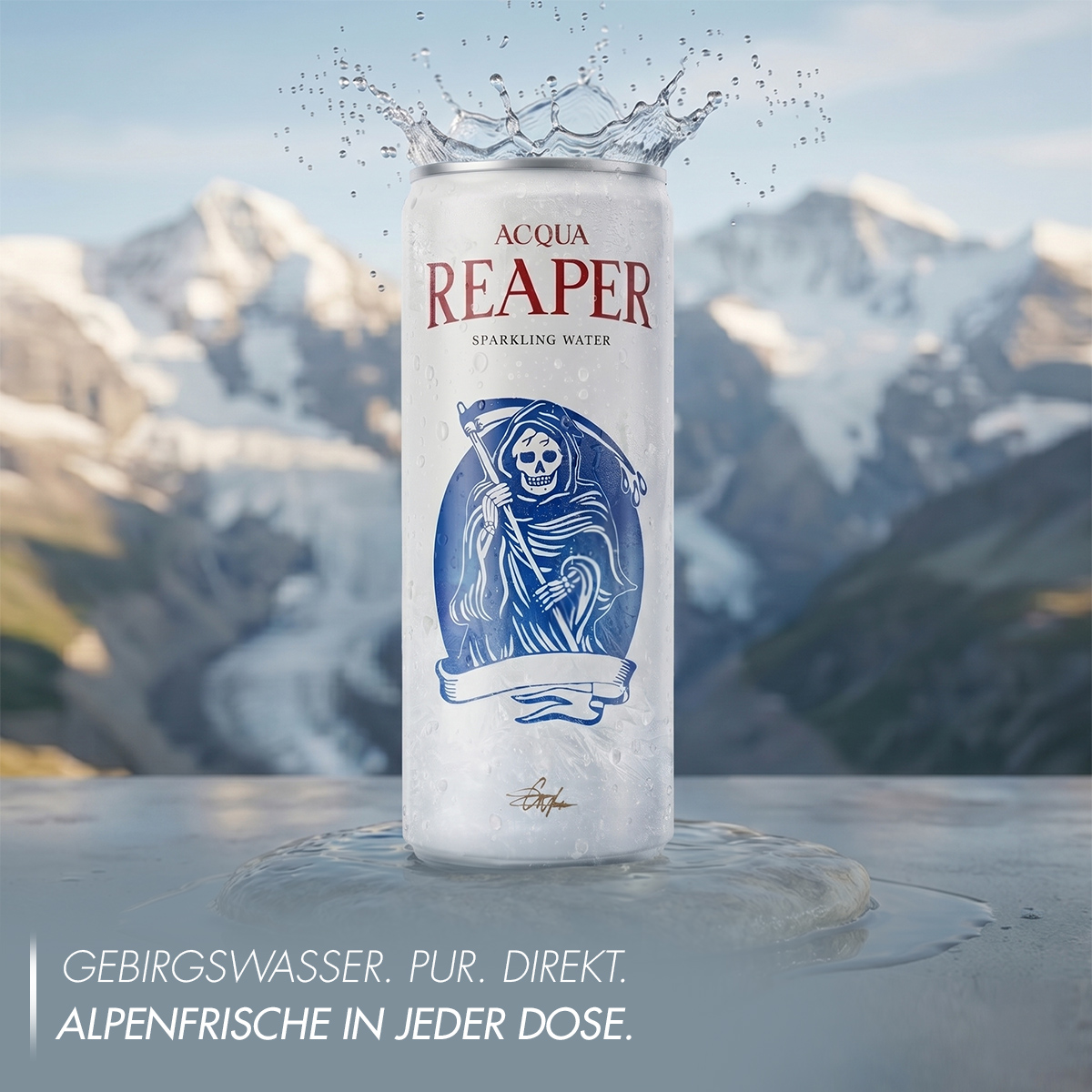 Eine Dose Acqua Reaper Sparkling Water, aus der oben Wasser spritzt, vor einer atemberaubenden Bergkulisse. Ein reines Mineralwasser mit Kohlensäure.