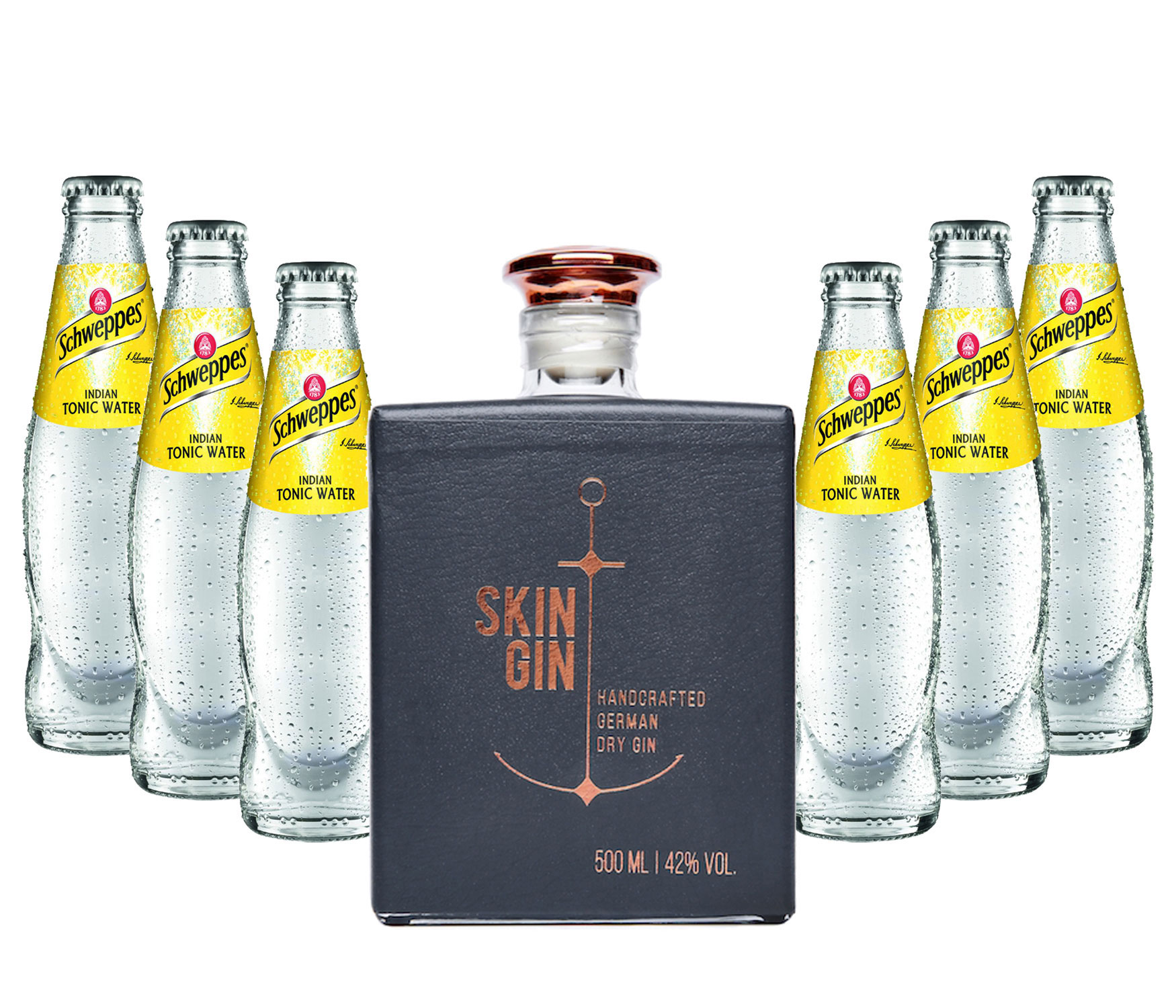 Gin Tonic Set - Skin Gin German Handcrafted Dry Gin 50cl (42% Vol) + 6x Schweppes Tonic Water 200ml inkl. Pfand MEHRWEG -[Enthält Sulfite]