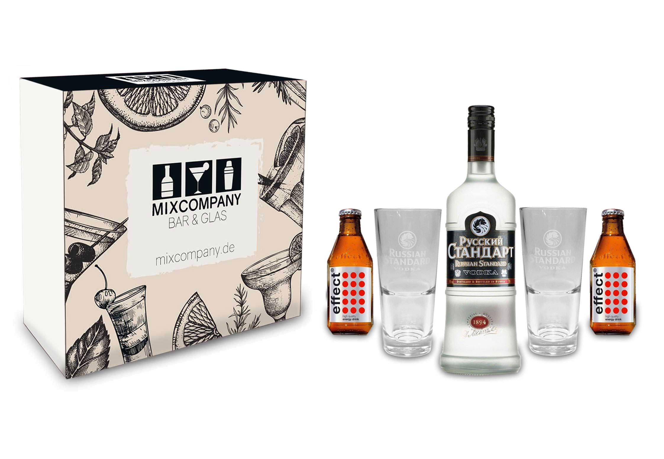Russian Standard Vodka Set / Geschenkset -Russian Standard Vodka 0,7l 700ml (40% Vol) + 2x Gläser + 2x Effect Energy Drink 200ml inkl. Pfand MEHRWEG