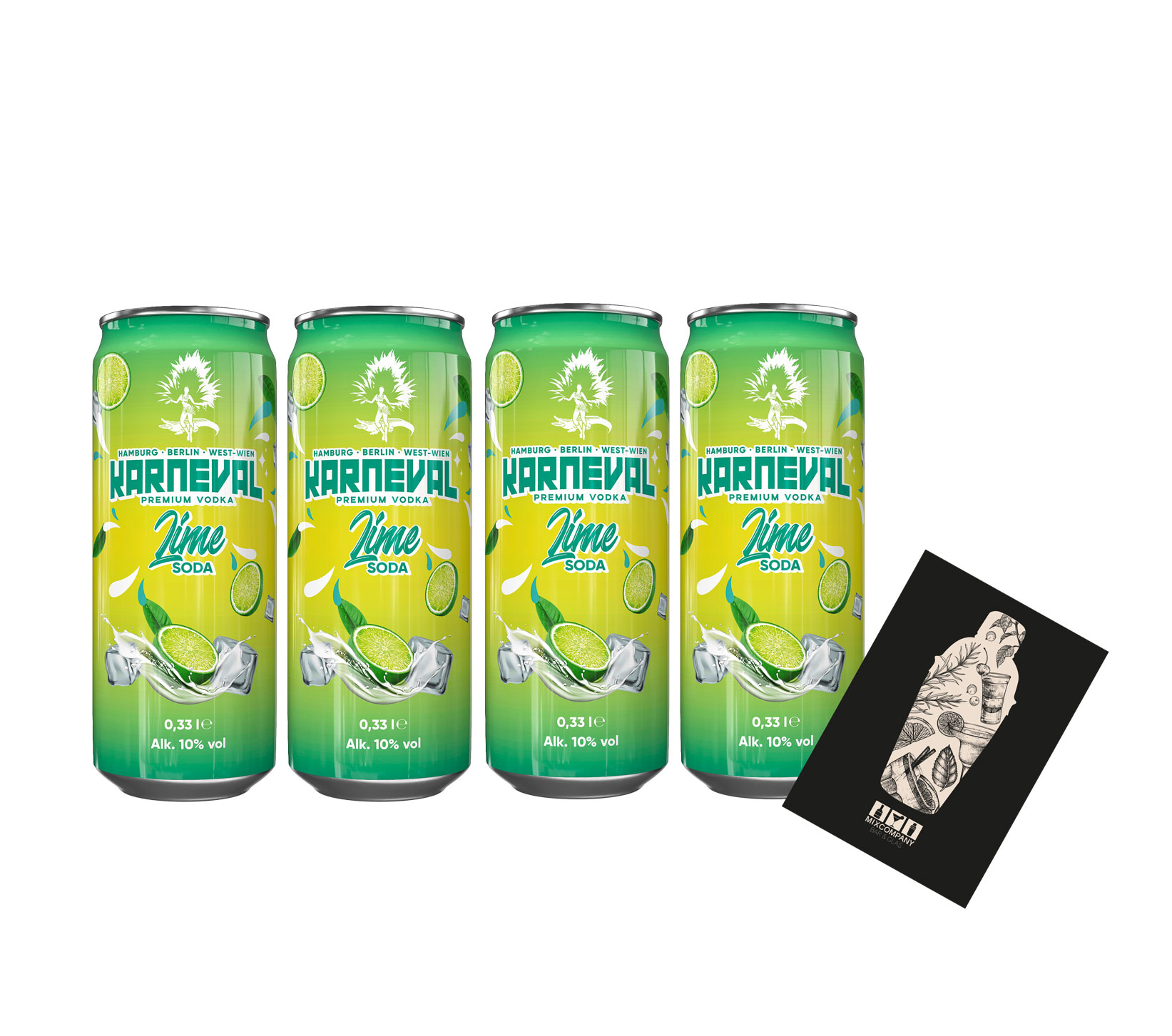 Karneval Vodka 4er Set Lime Soda 4x 0,33L (10% Vol) Skinny Bitch von Raf Camora und Bonez Mc inkl. Pfand EINWEG- [Enthält Sulfite]