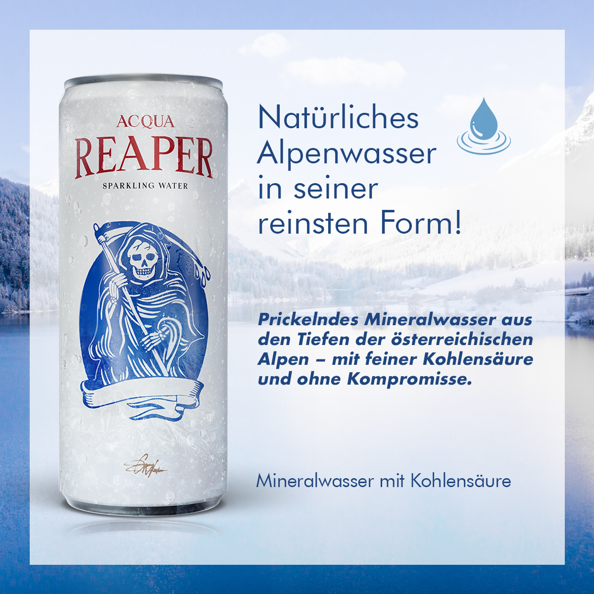 Eine silberne Dose Sparkling Water der Marke Acqua Reaper, platziert vor einer verschneiten Berg- und Seenlandschaft. Mineralwasser mit Kohlensäure in seiner reinsten Form.
