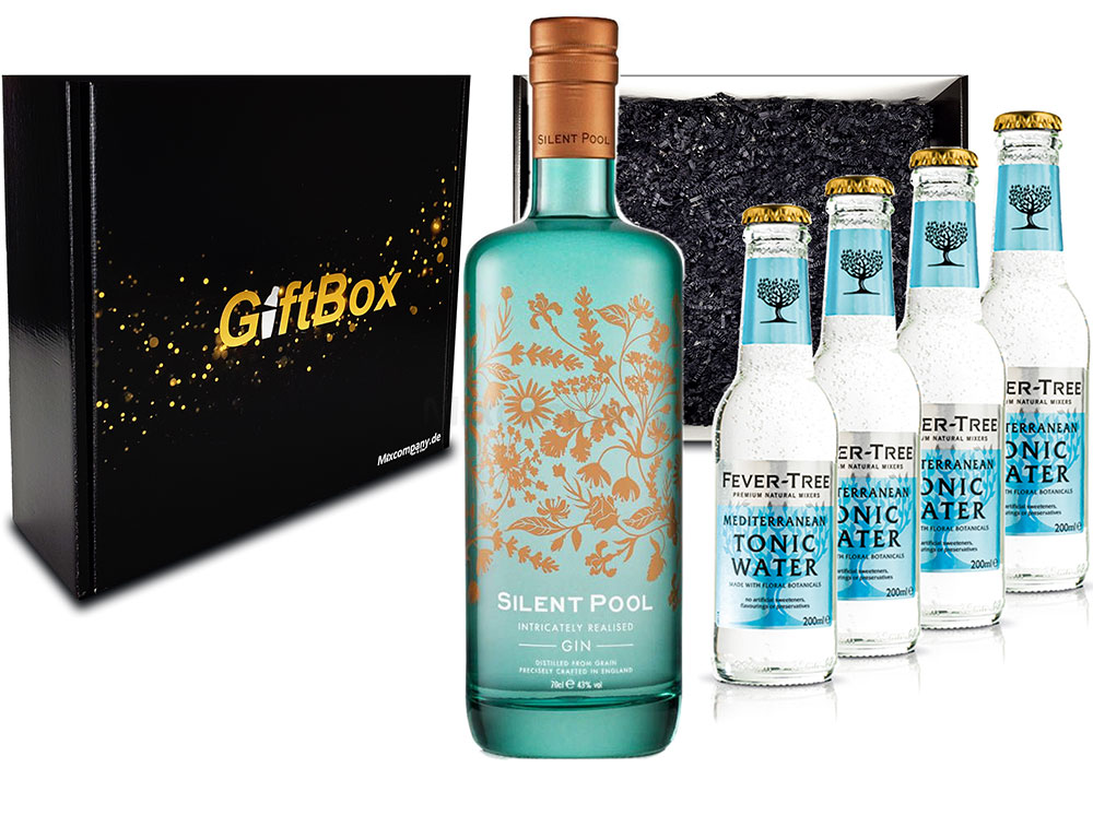 Mixcompany Gin Tonic Giftbox Geschenkset - Silent Pool Gin 0,7L 700ml (43% Vol) + 4x Fever-Tree Mediterranean Tonic Water 0,2 MEHRWEG inkl. Pfand Gin Tonic Bar- [Enthält Sulfite]