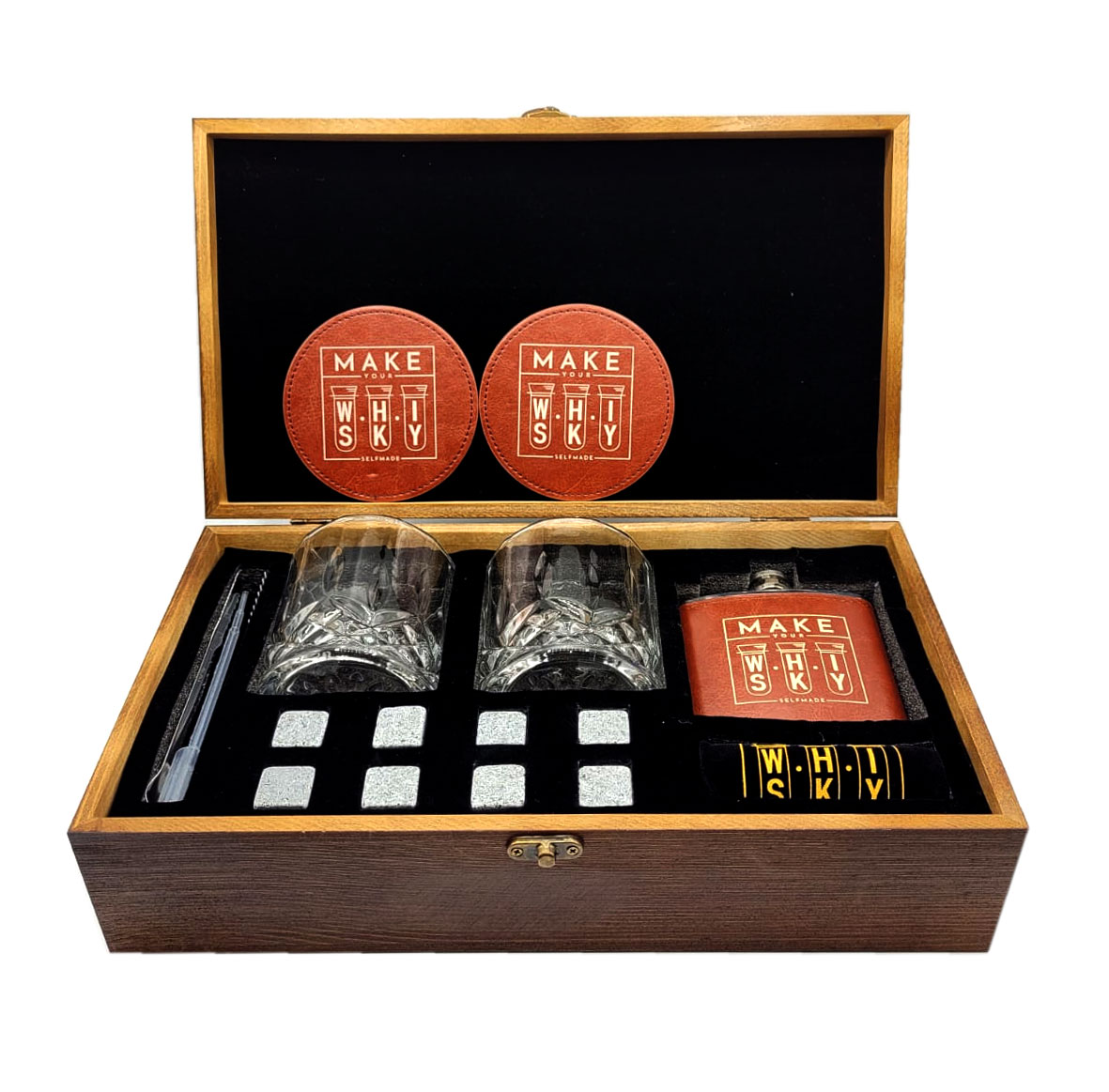Make your Whisky Set Geschenkset in Holzbox mit 2x Tumbler + 2x Untersetzer + Flachmann + Zange + Pipette + 8x Eiswürfel Stein in Stoffbeutel