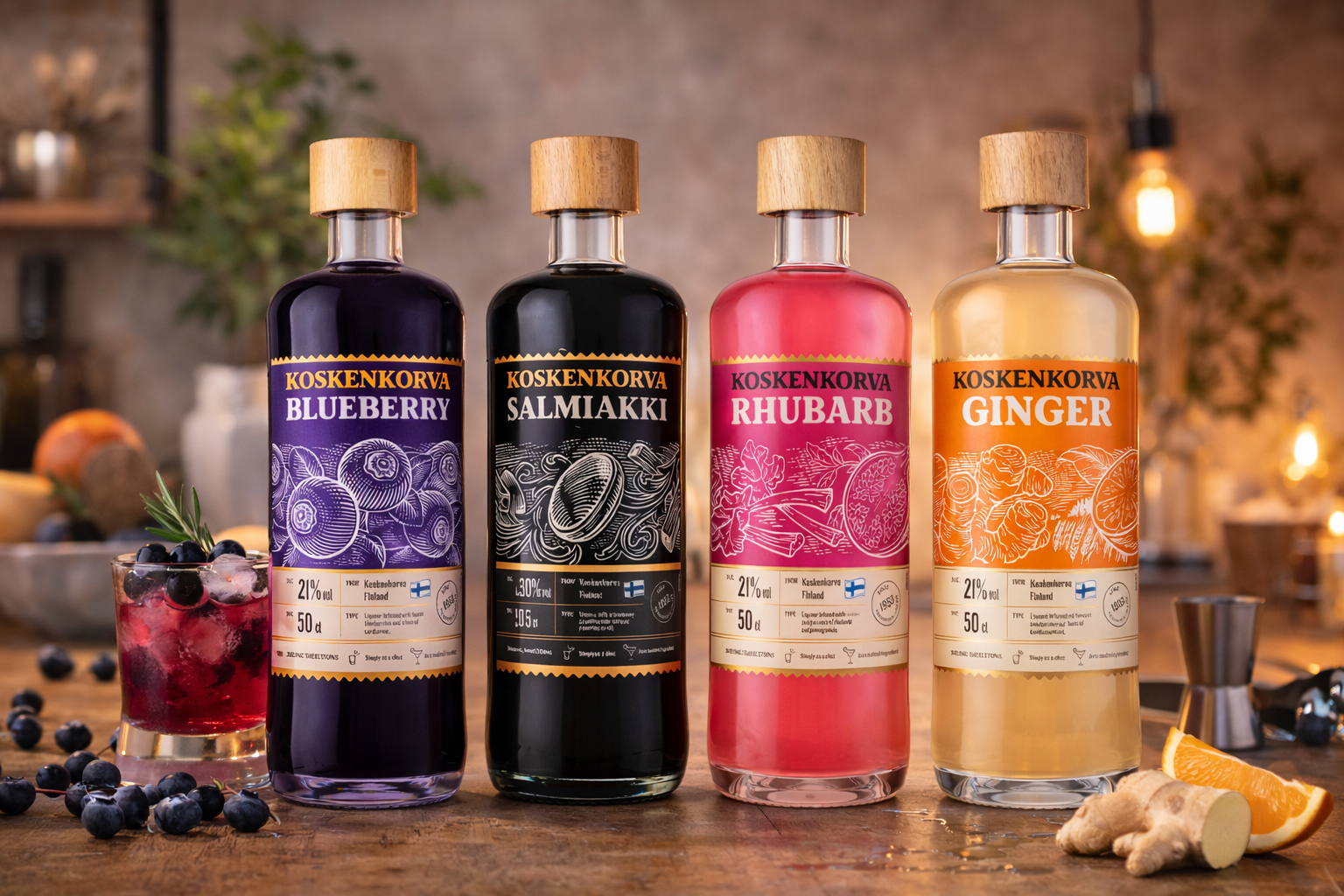 Koskenkorva Likör Set 4x 0,5L – Blueberry, Salmiakki, Rhubarb & Ginger – Finnische Likörvielfalt mit 21% Vol.- [Enthält Sulfite]